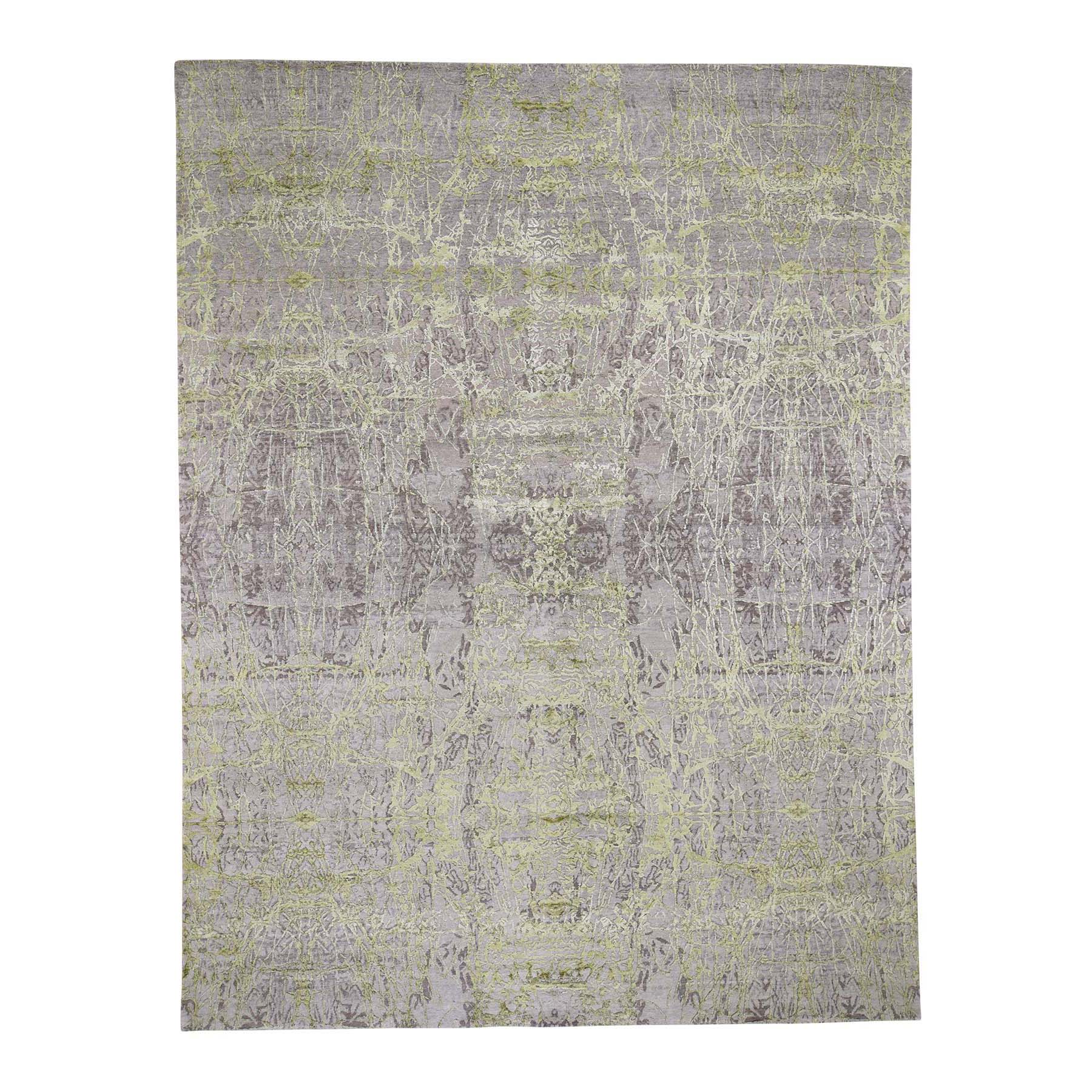 9'x11'9" Light Green Tone On Tone Wool And Silk Abstract Design Hand Woven Oriental Rug 