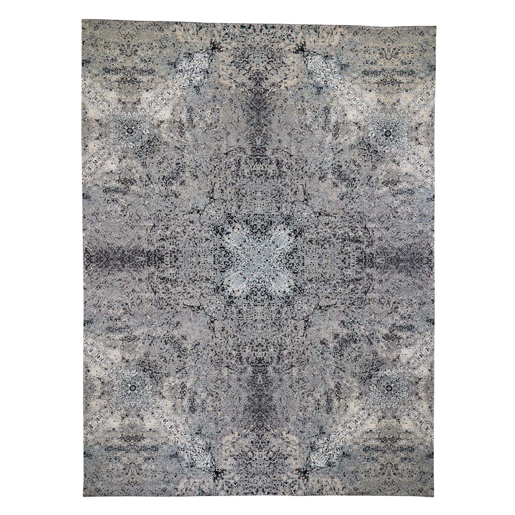 9'1"x12'2" Gray Wool And Silk Abstract Design Hand Woven Oriental Rug 