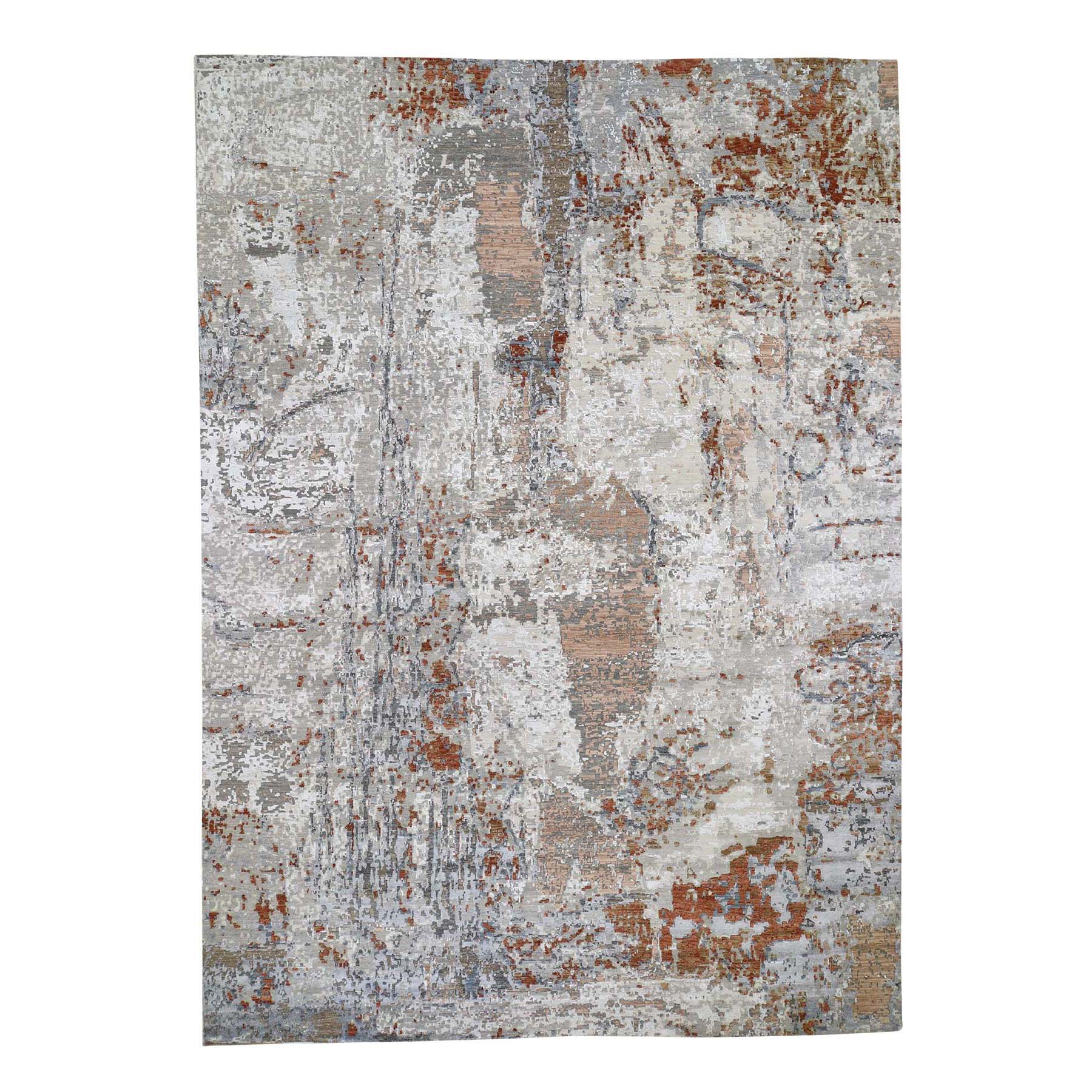 10'x13'10" Silver Hi-Low Pile Abstract Design Wool And Silk Hand Woven Oriental Rug 