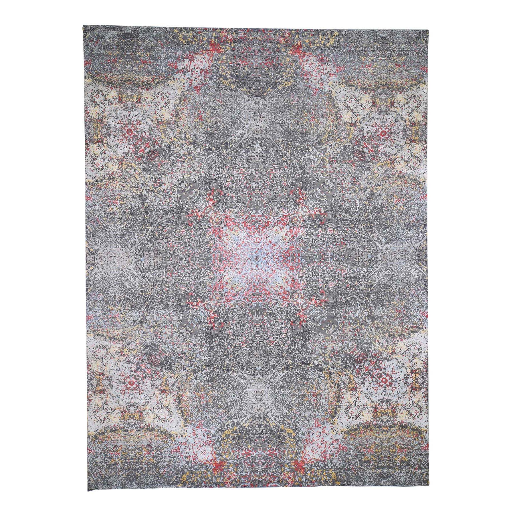 9'x12'1" Gray Hi-Low Pile Abstract Design Wool And Silk Hand Woven Oriental Rug 