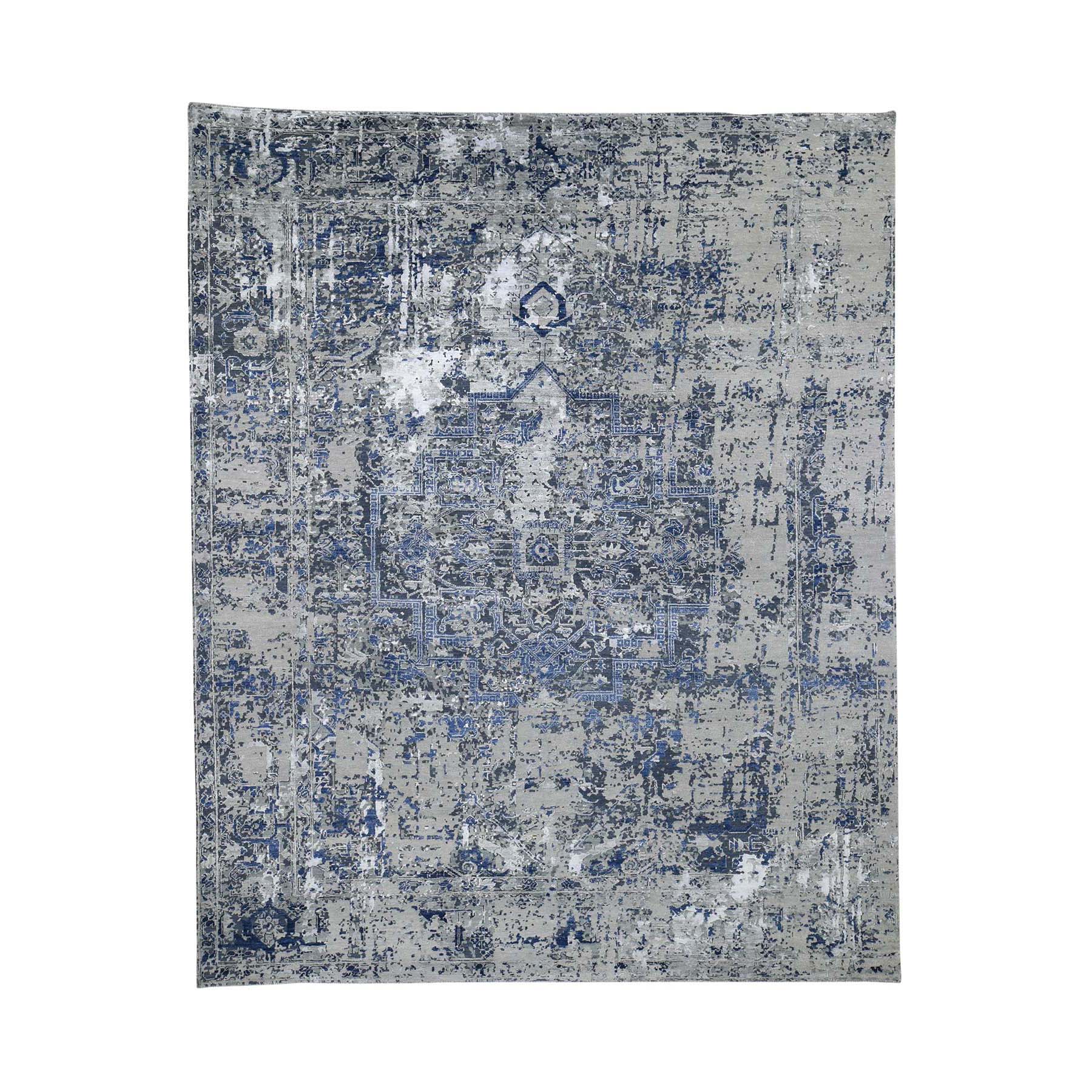 8'2"x10'1" Blue-Gray Heriz Design Wool and Silk Hand Woven Fine Oriental Rug 