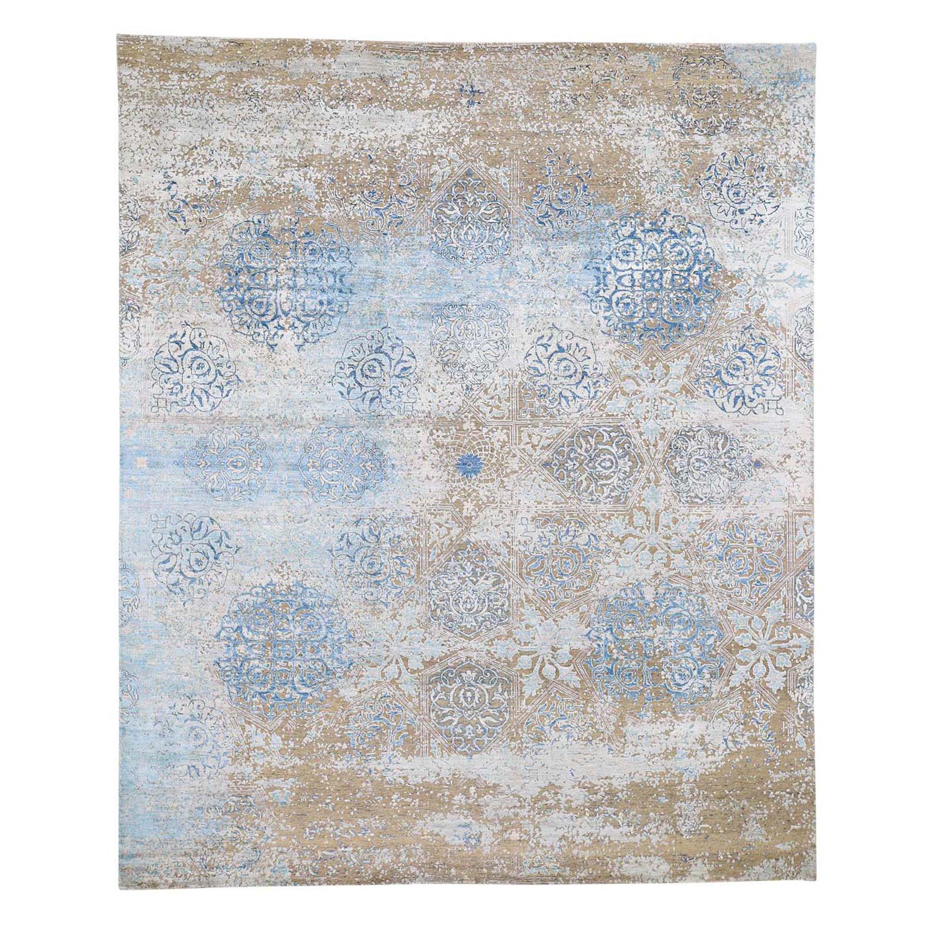 8'1"x9'9" Wool And Silk Textured Hi-Low Pile Ottoman Influence Hand Woven Modern Oriental Rug 