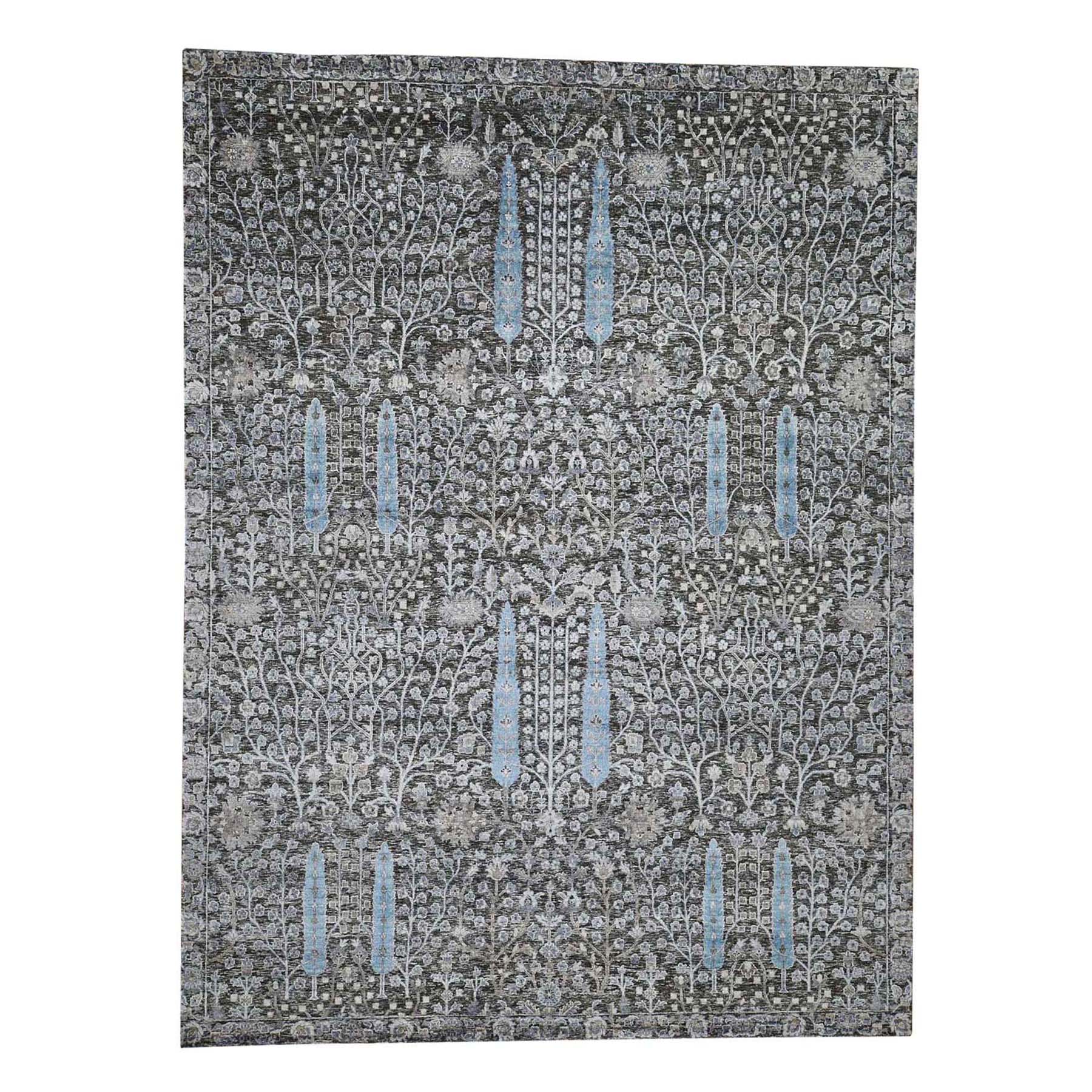 9'x12'1" Hand Woven Cypress Tree Design Silk with Textured Wool Oriental Rug 