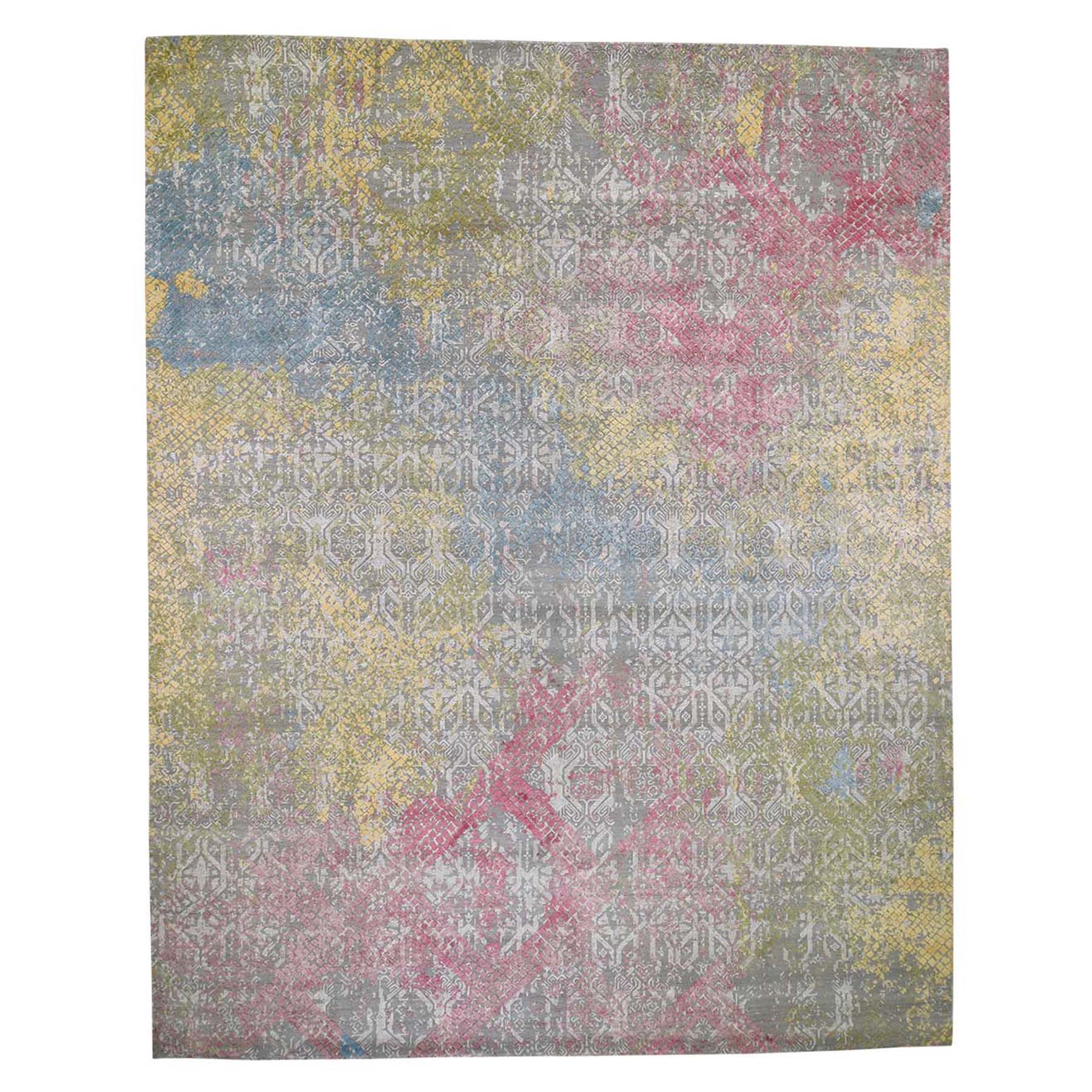 12'x15' Oversize TRELLIS IN THE SPRING Pure Silk Hi-Low Pile Gray Hand Woven Oriental Rug 