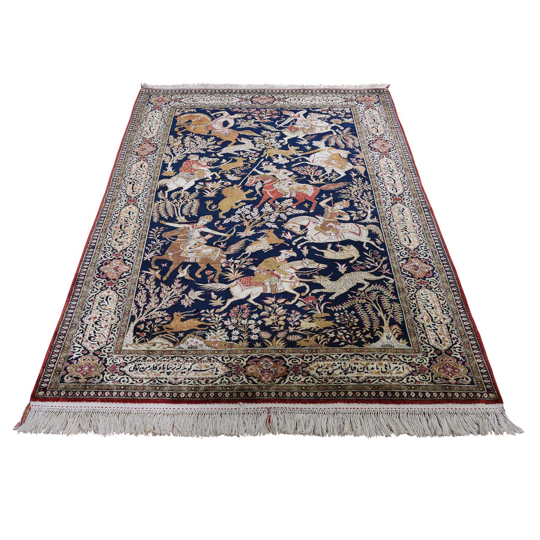 4'4"x6'8" Navy Blue Vintage Persian Silk Qum Hunting Design With Poetry Hand Woven Oriental Rug 