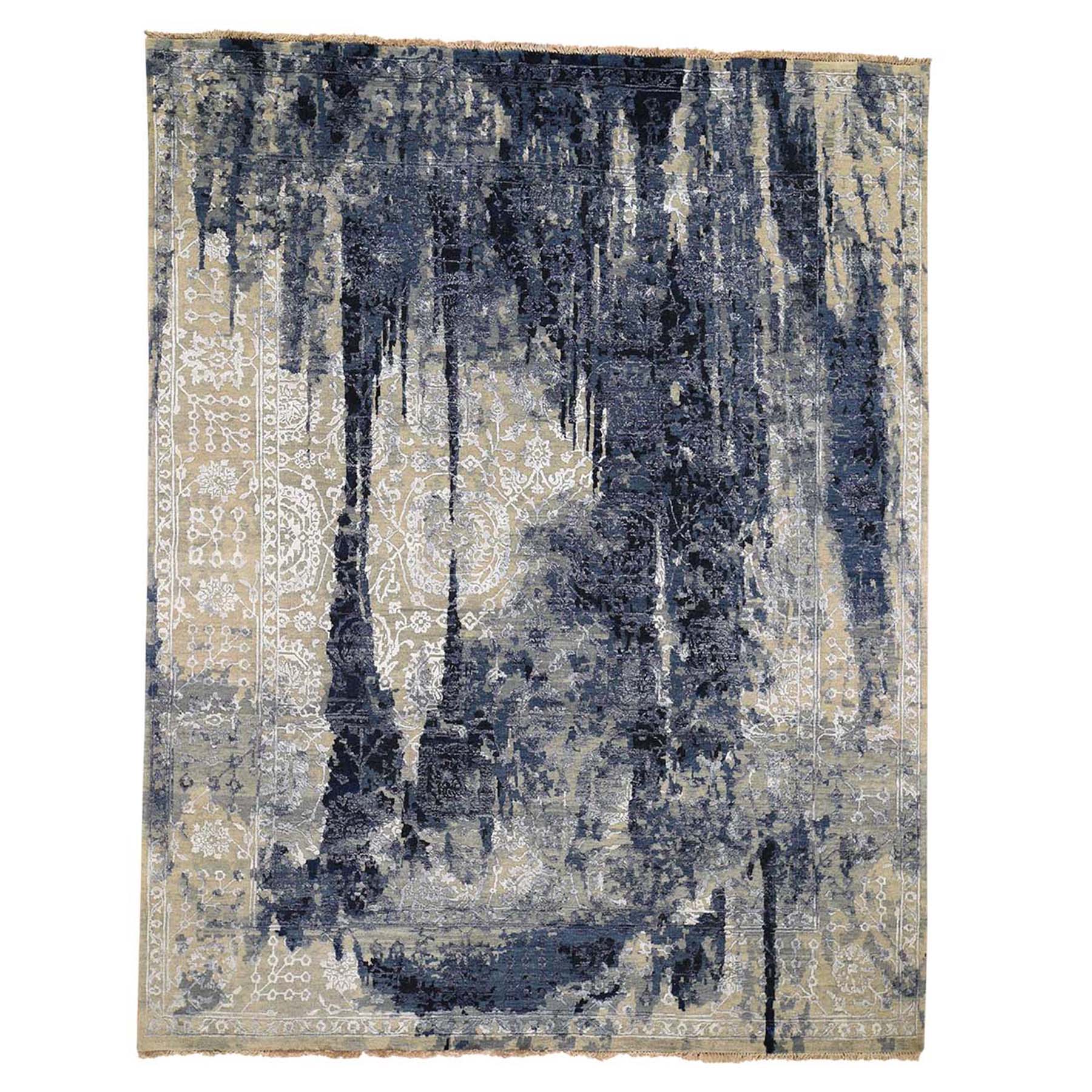8'x9'9" Wool And Silk Shibori Design Tone On Tone Hand Woven Oriental Rug 