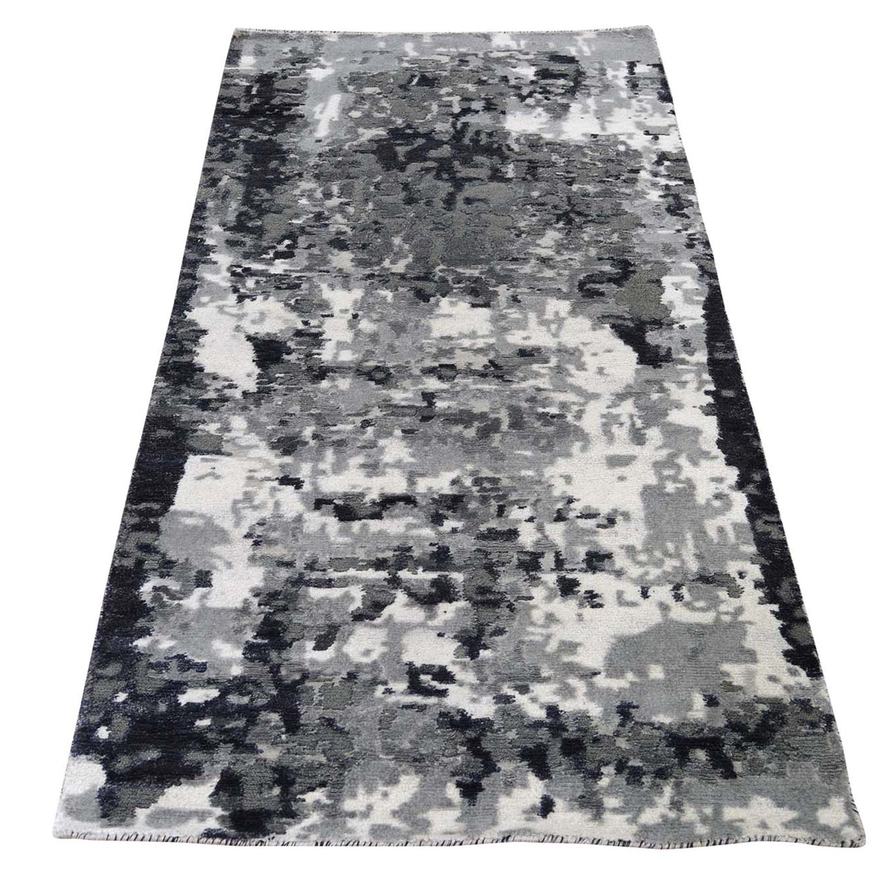 2'7"x5'9" Hi-Low Pile Abstract Design Wool And Silk Runner Hand Woven Oriental Rug 