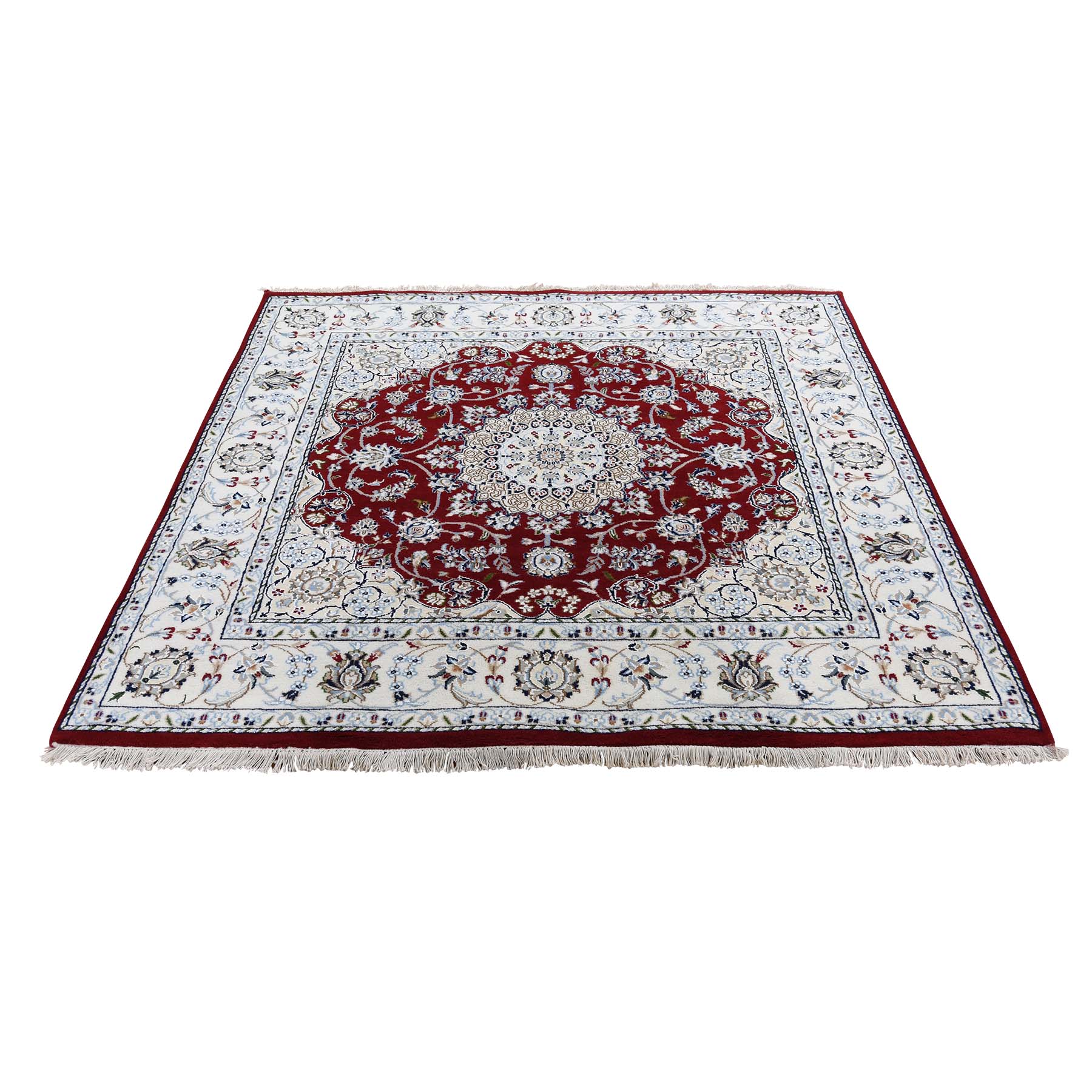 5'x5' Square Wool and Silk 250 KPSI Red Nain Hand Woven Oriental Rug 