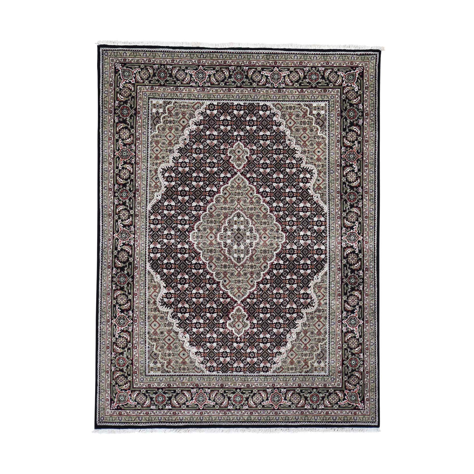 5'x6'8" Black Tabriz Mahi Wool and Silk Hand Woven Oriental Rug 