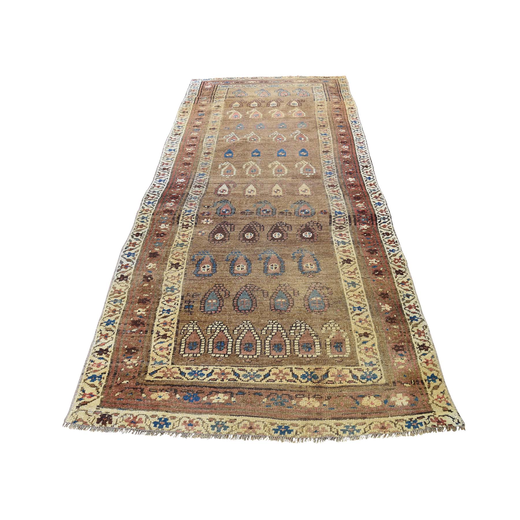3'9"x10'7" Antique Persian North West Boteh Design Camel Hair Wide Runner Hand Woven Oriental Rug 