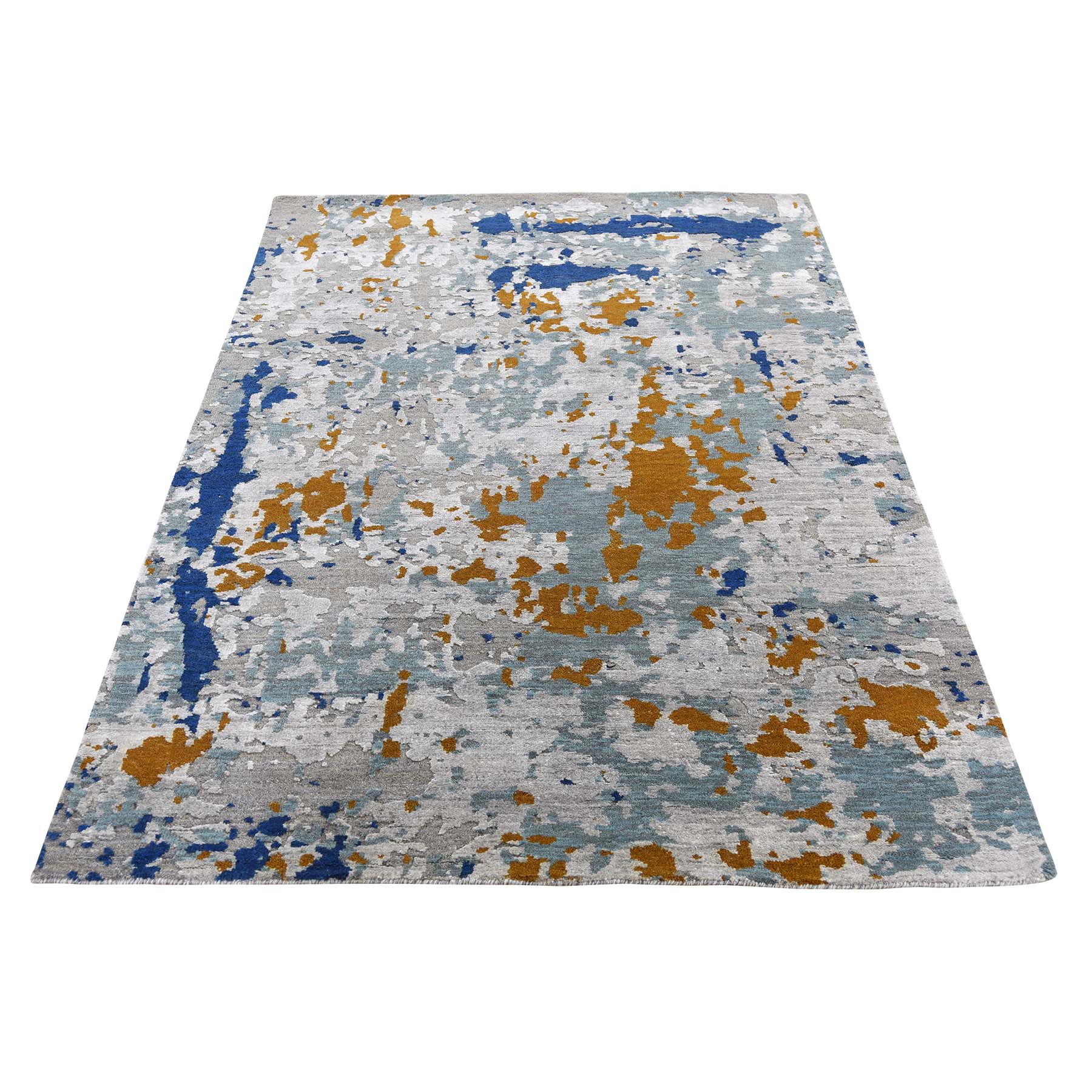 3'10"x5'10" Hi-Low Pile Abstract Design Wool And Silk Runner Hand Woven Modern Rug 