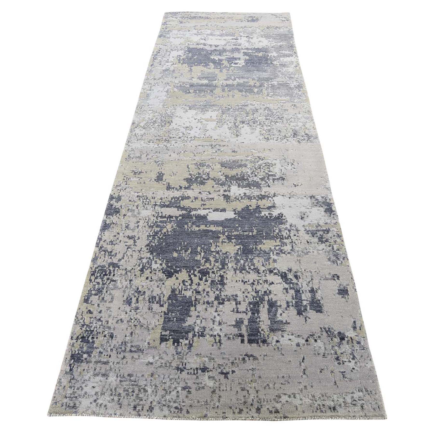 2'8"x10' Hi-Low Pile Abstract Design Wool And Silk Runner Hand Woven Oriental Rug 