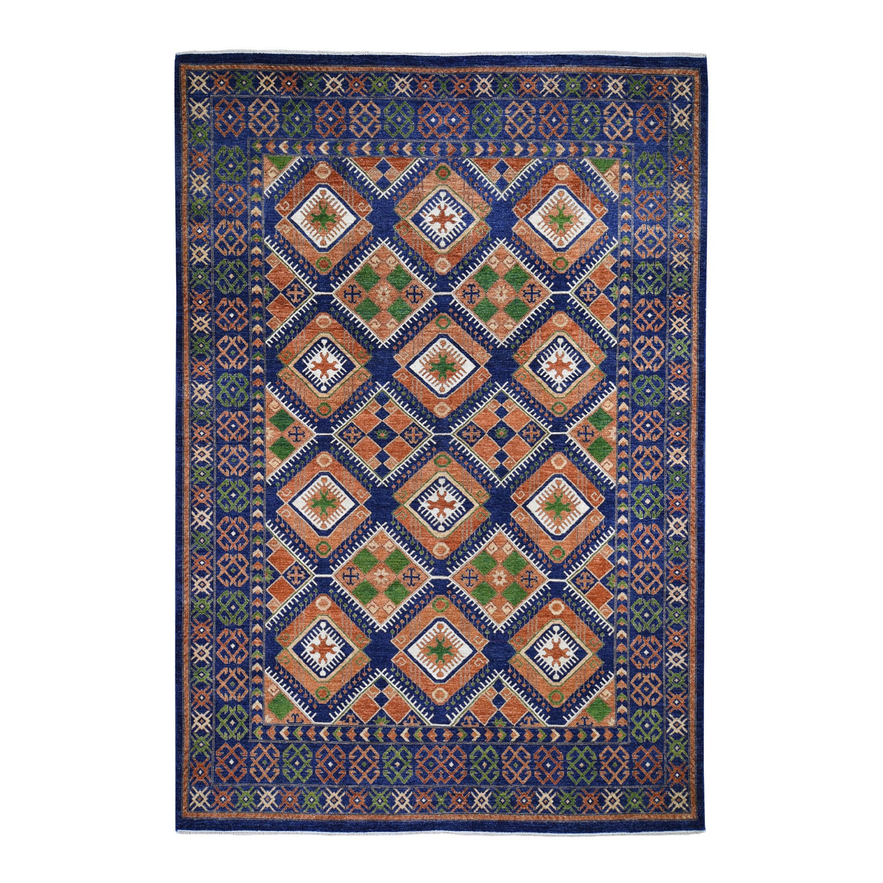 9'x12'5" Blue Afghan Ersari Geometric Design Pure Wool Hand Woven Oriental Rug 