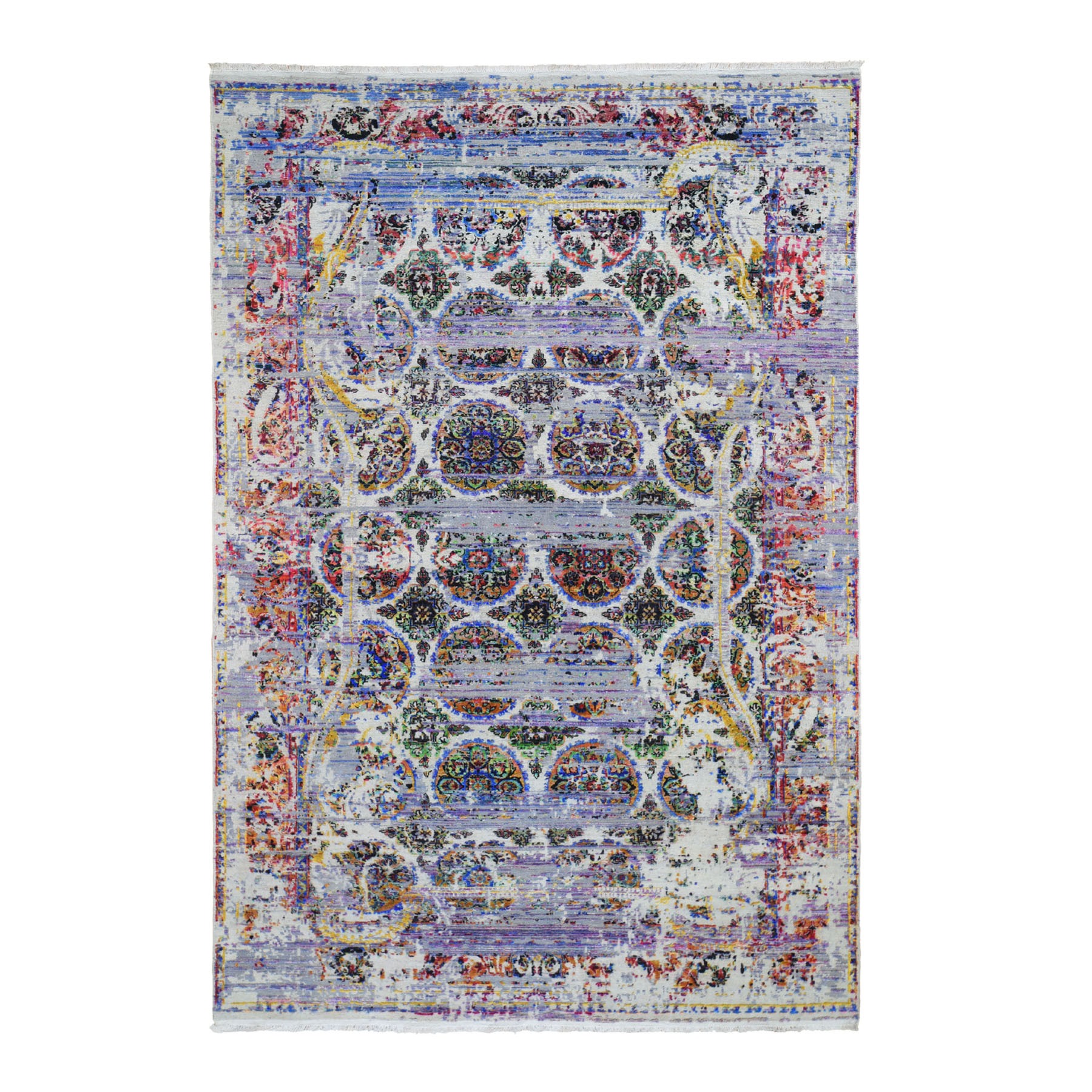6'x9'1" ERASED ROSSETS, Colorful Sari Silk With Textured Wool Hand Woven Oriental Rug 