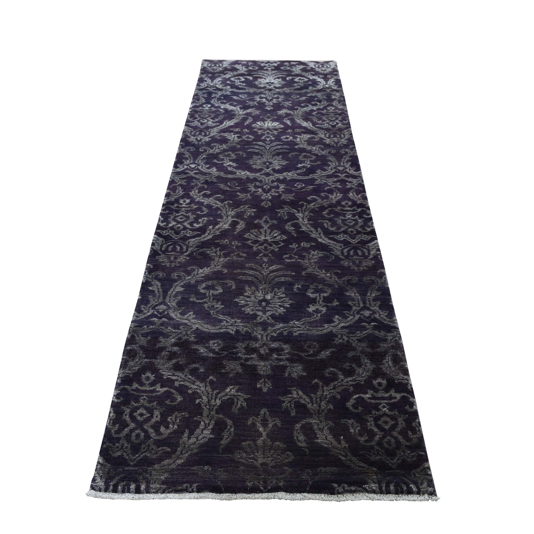 2'5"x9'8" Damask Runner Tone on Tone Wool and Silk Hand Woven Oriental Rug 