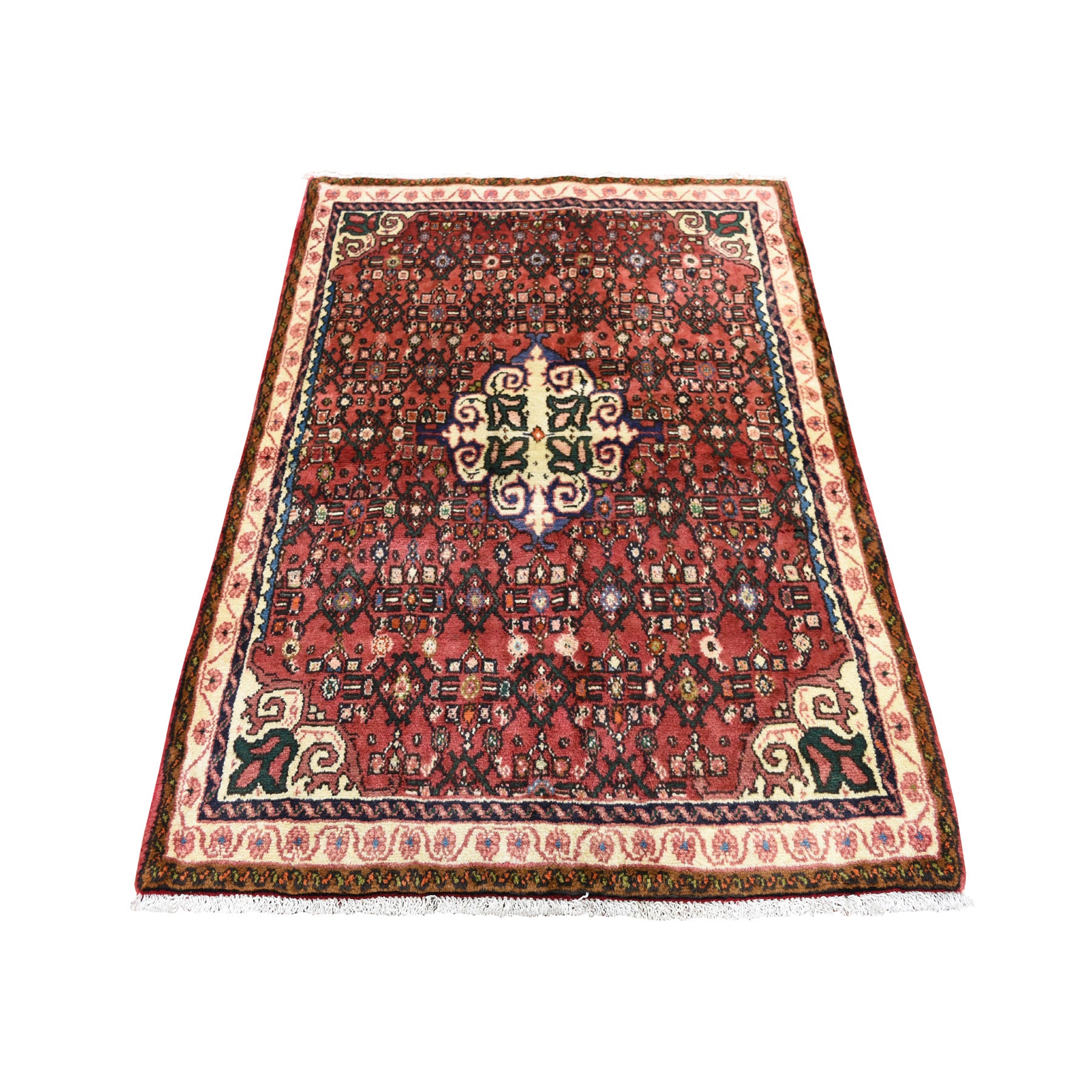 3'6"x4'10" Red New Persian Hamadan Pure Wool Hand Woven Oriental Rug 