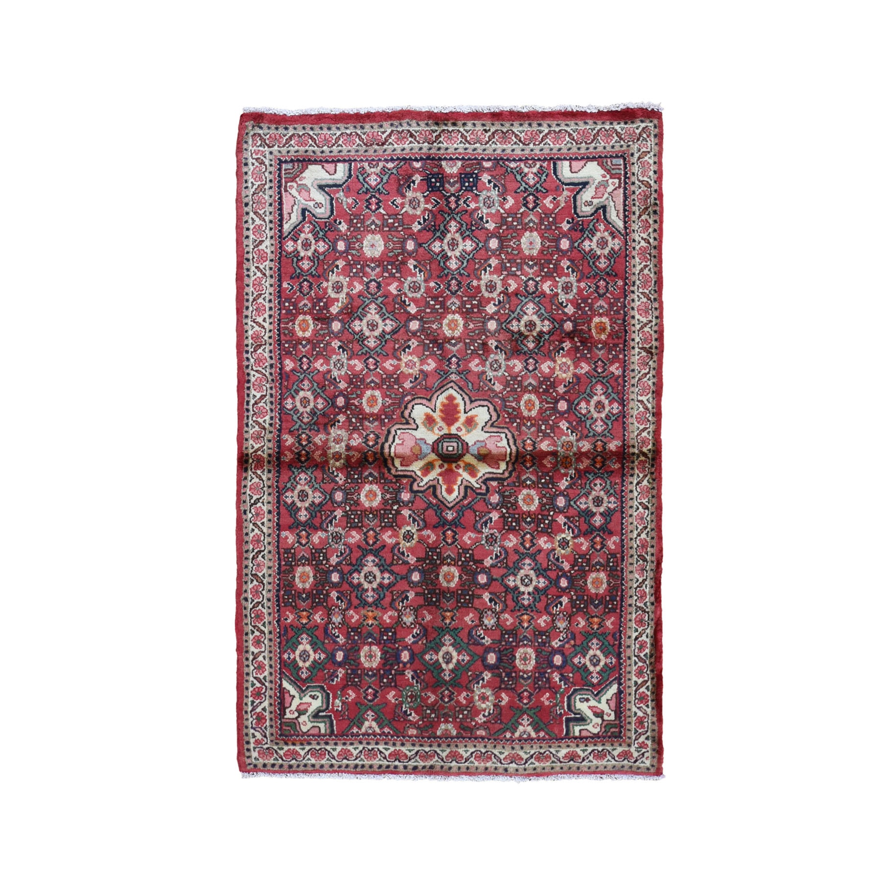 3'4"x5'6" Red Vintage Persian Hamadan Clean Hand Woven Pure Wool Oriental Rug 
