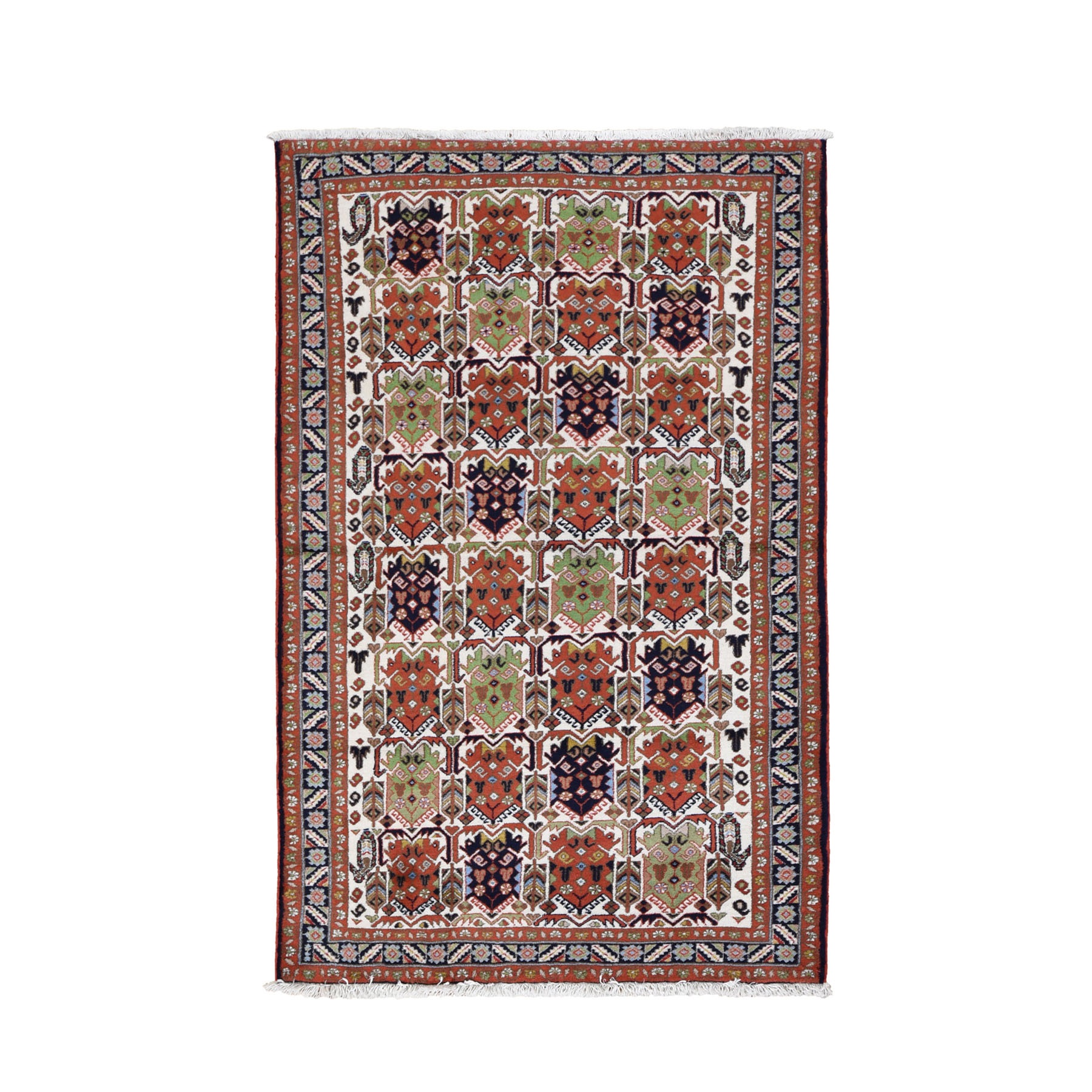 3'10"x5'10" Ivory Vintage Persian Ardabil With Block Design Pure Wool Hand Woven Oriental Rug 