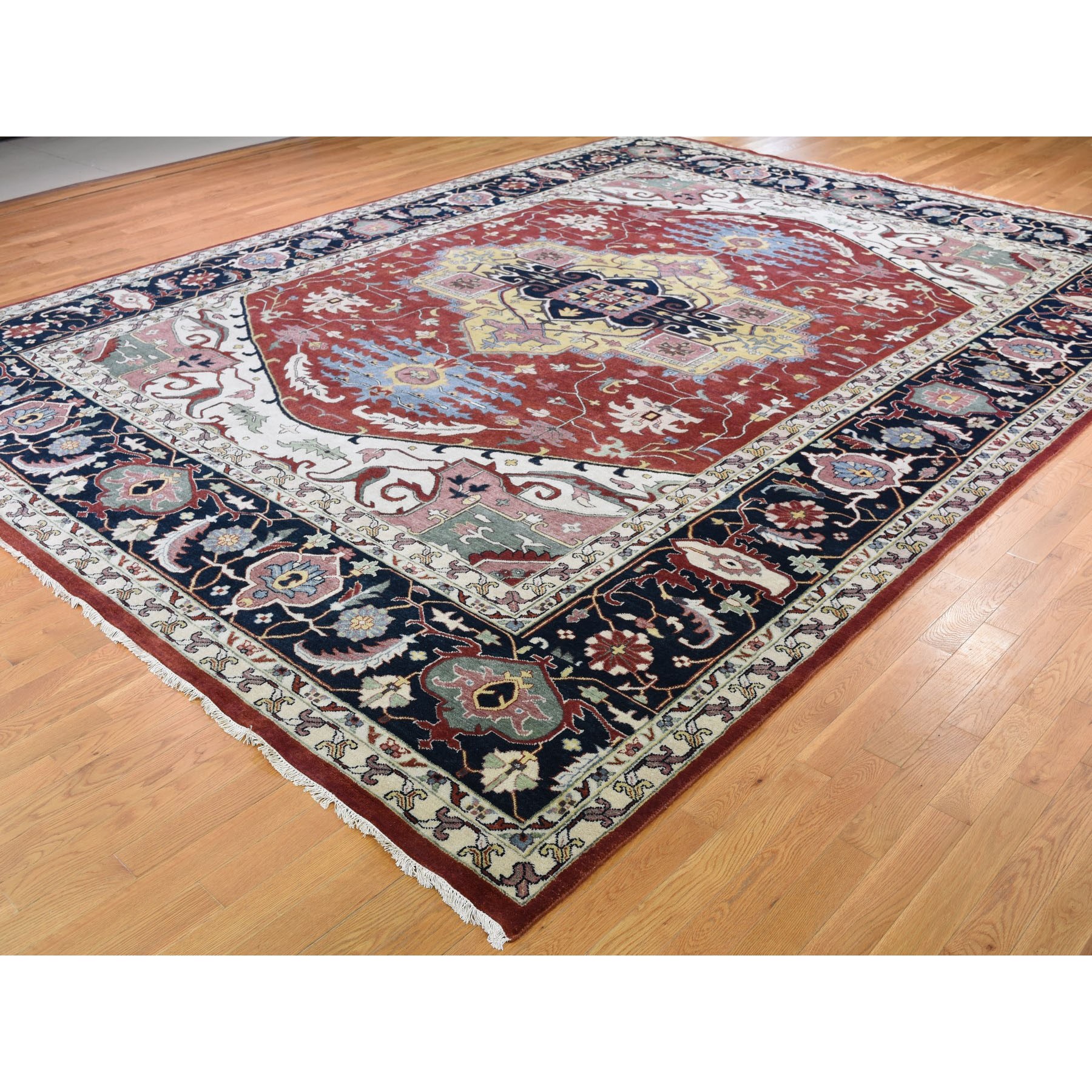 11'7"x15' Oversized Red Heriz Revival Pure Wool Hand Woven Oriental Rug 