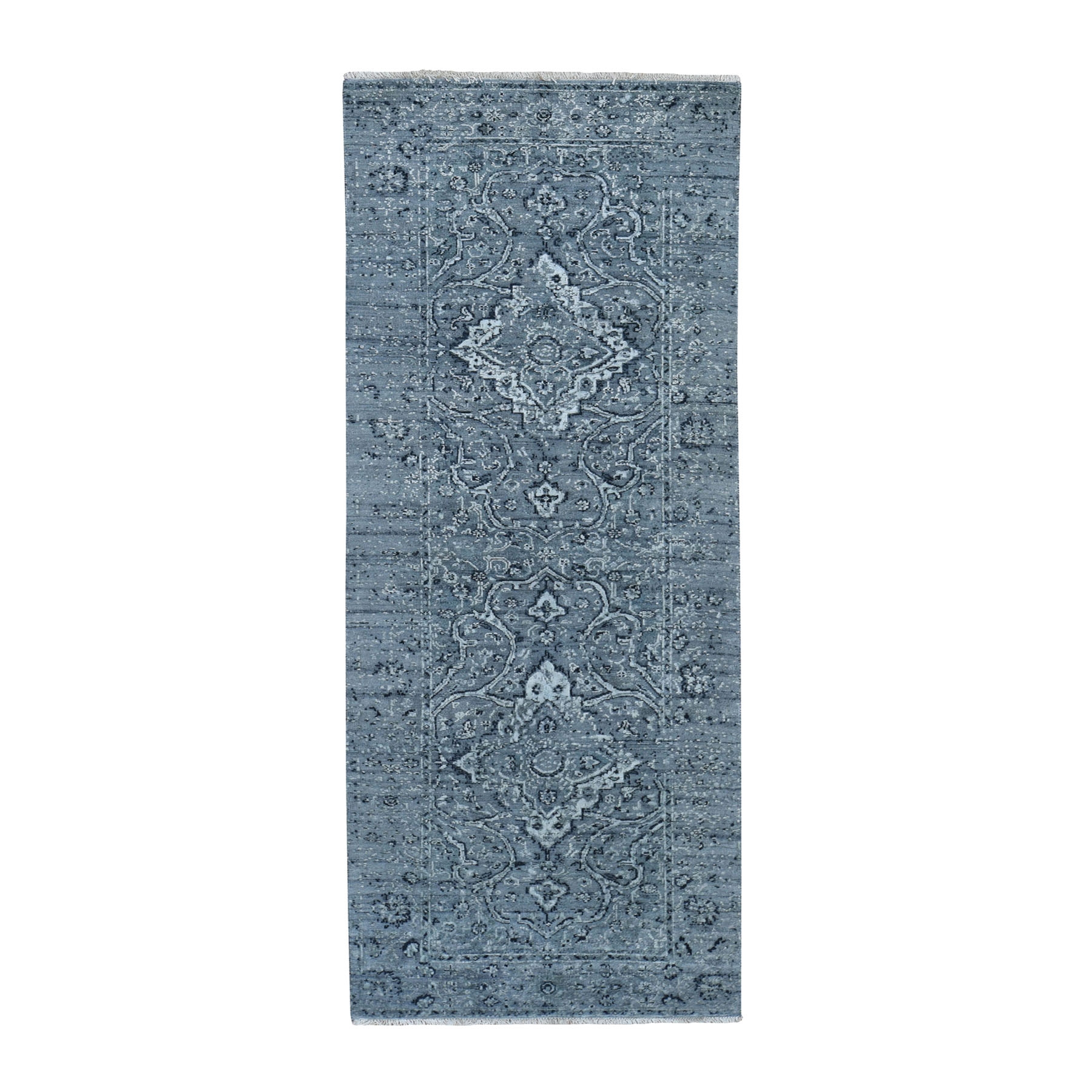 2'9"x7'10" Gray Broken Persian Erased Design Pure Silk With Textured Wool Runner Hand Woven Oriental Rug 