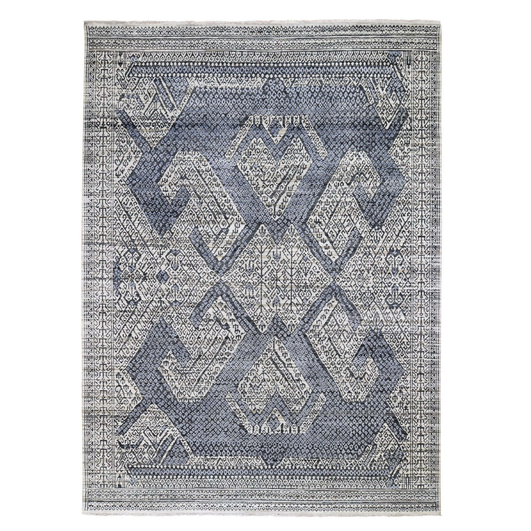 9'x12'3" Hand Woven Ivory Pure Silk and Textured Pile with Geometric Motif Oriental Rug 