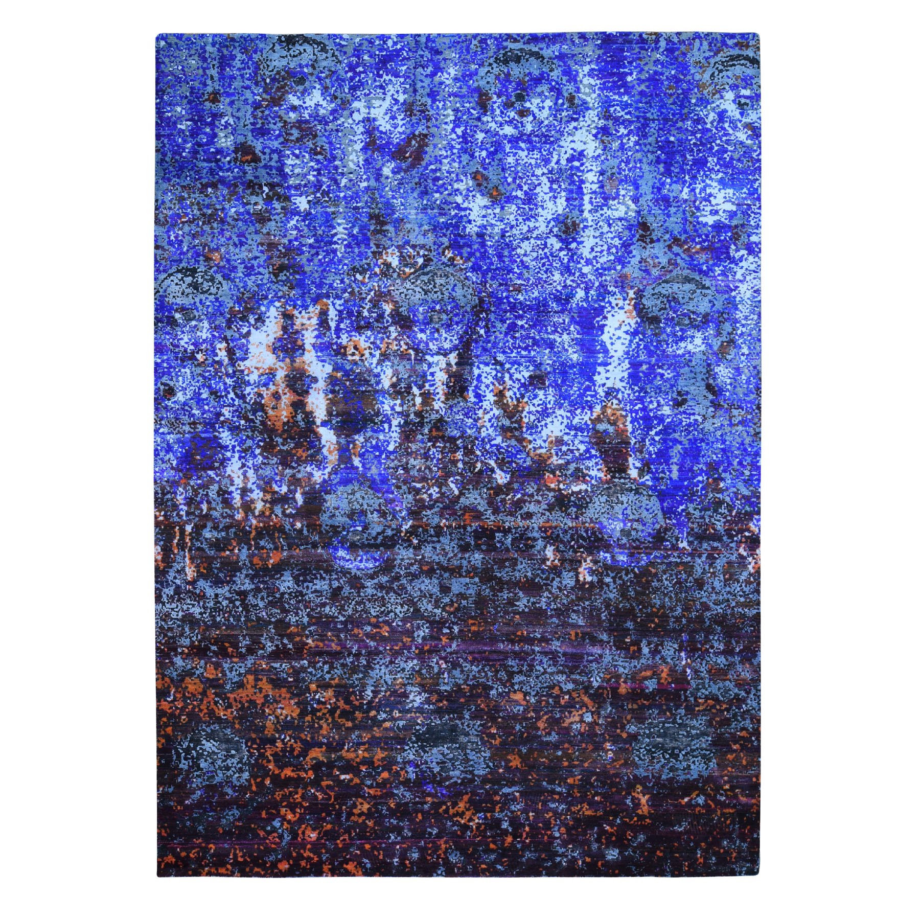 8'10"x12' Hand Woven Blue Galactical Modern Sari Silk and Textured Pile Oriental Rug 