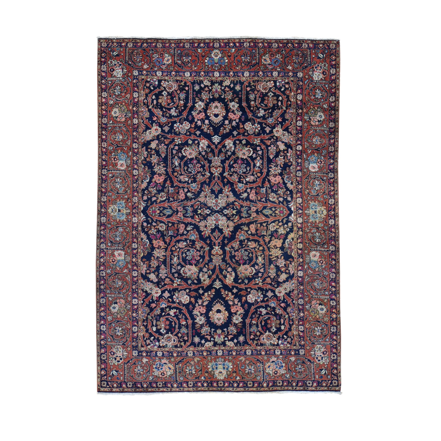 4'7"x6'10" Navy Blue Antique Persian Tabriz Pure Wool Some Wear Hand Woven Oriental Rug 