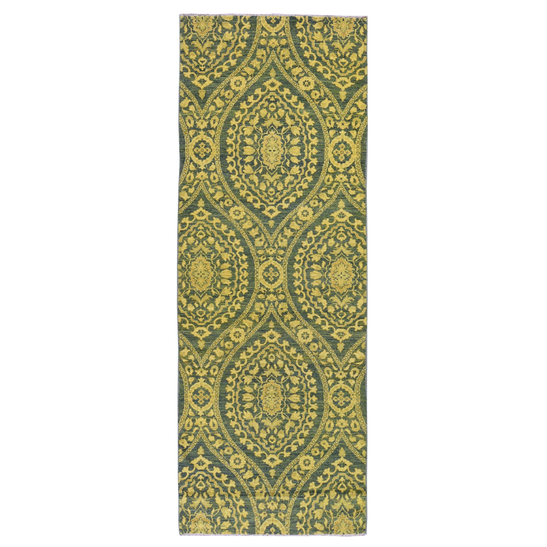 4'1"x11'8" Green Wide Runner Hand Woven Overdyed Peshawar Pure Wool Oriental Rug 