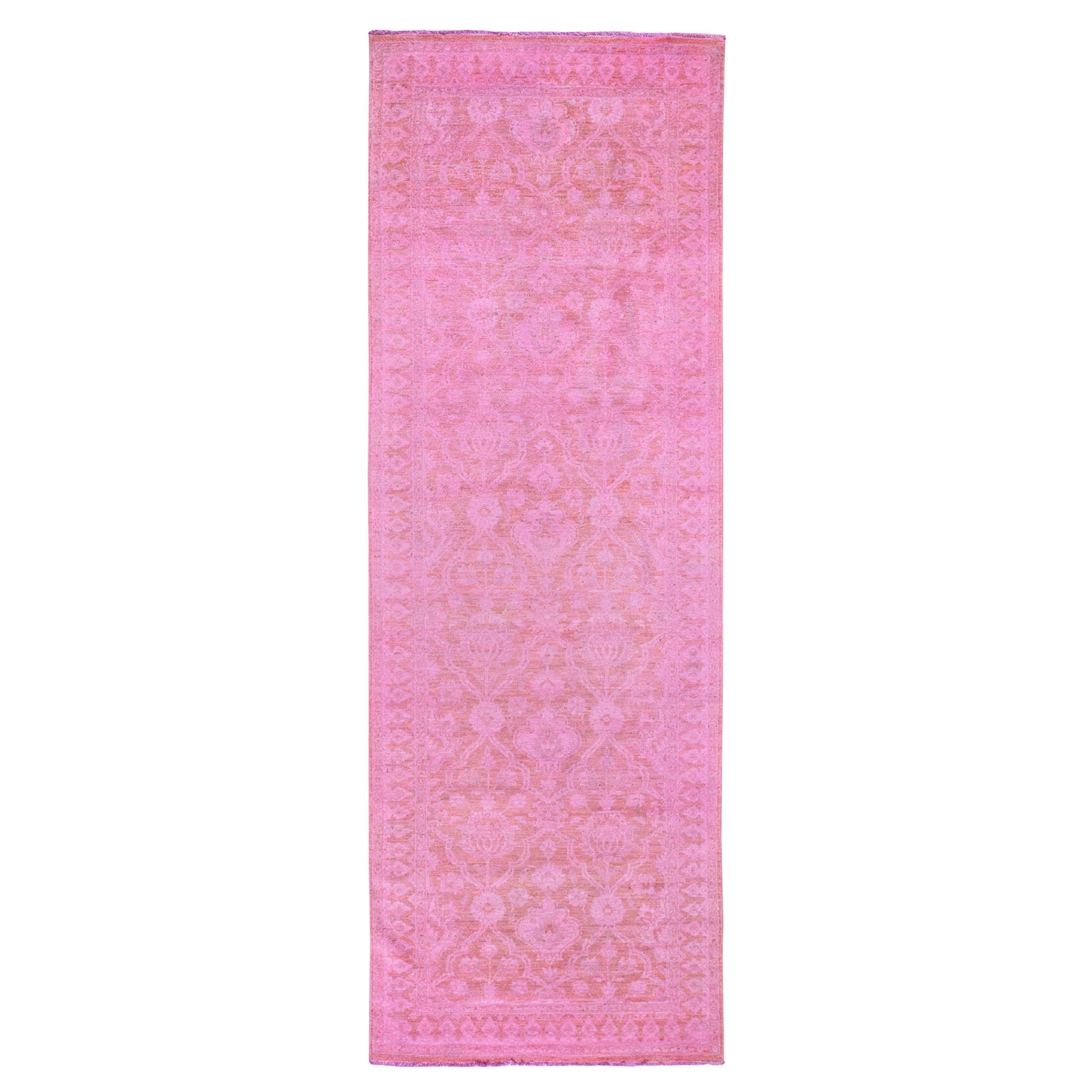 4'x12'2" Wide Runner Pink Overdyed Peshawar Hand Woven Oriental Rug 