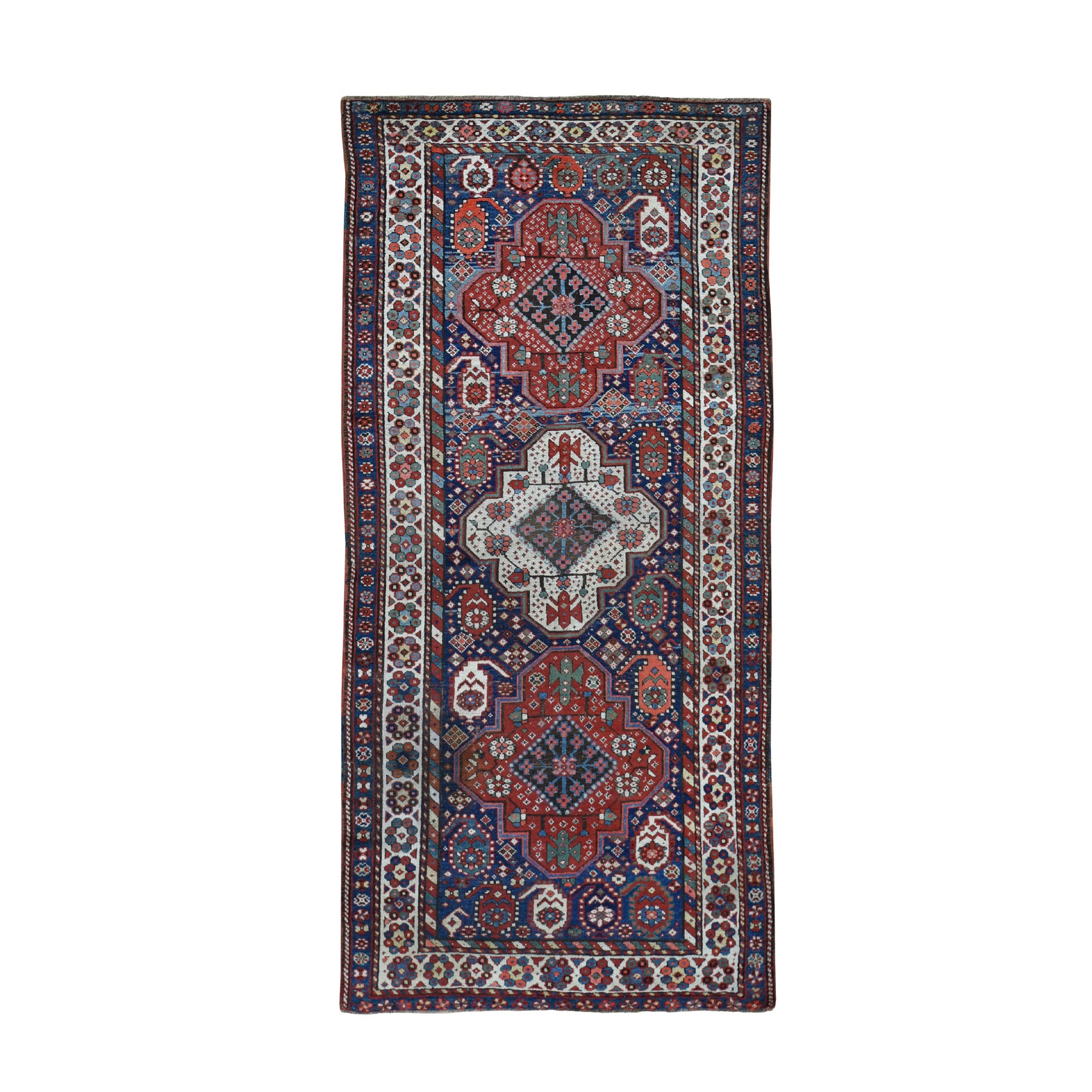 3'9"x8' Blue Antique Caucasian Kazak Exc Con Hand Woven Wide Runner Oriental Rug 
