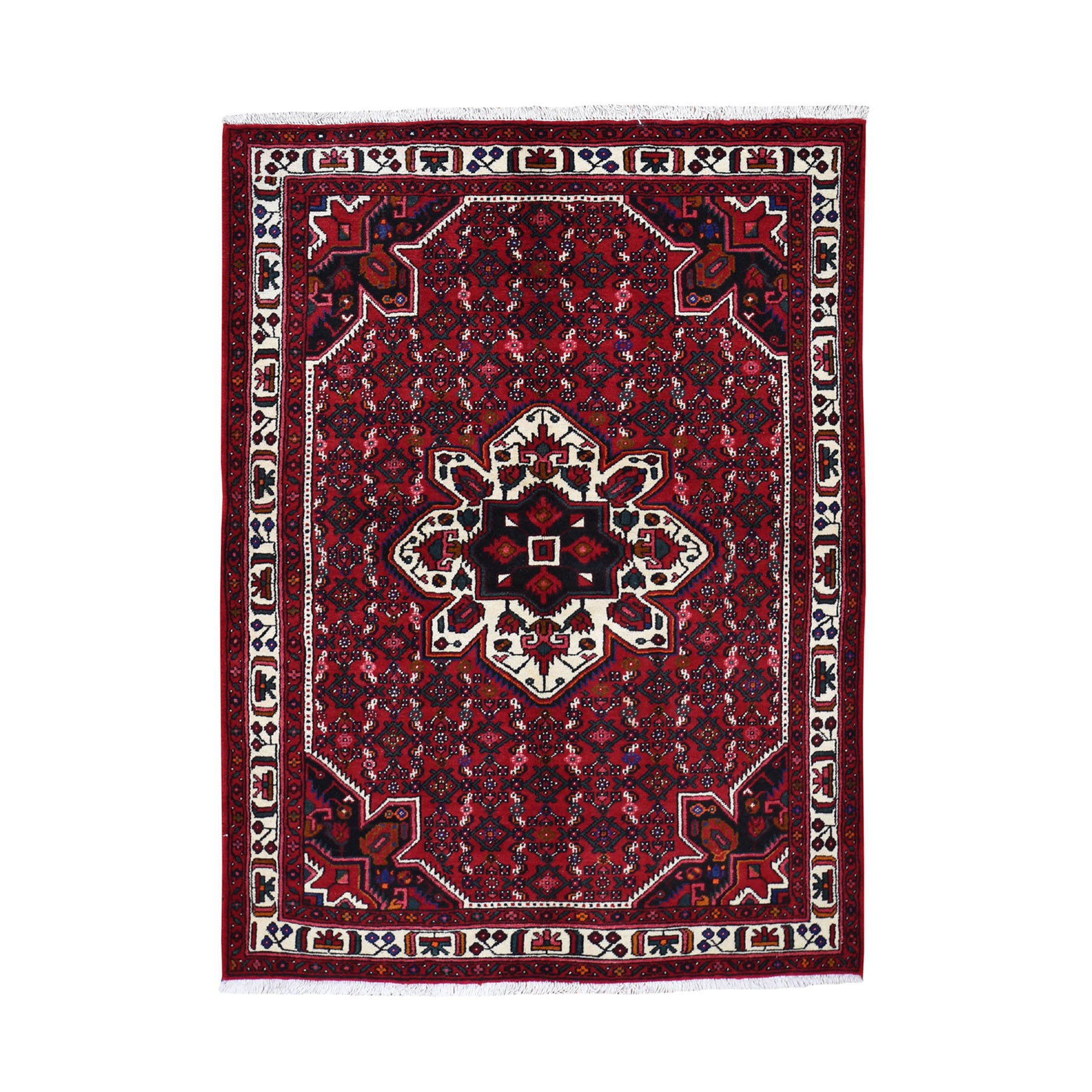 5'4"x7' Red New Persian Hamadan Pure Wool Hand Woven Oriental Rug 