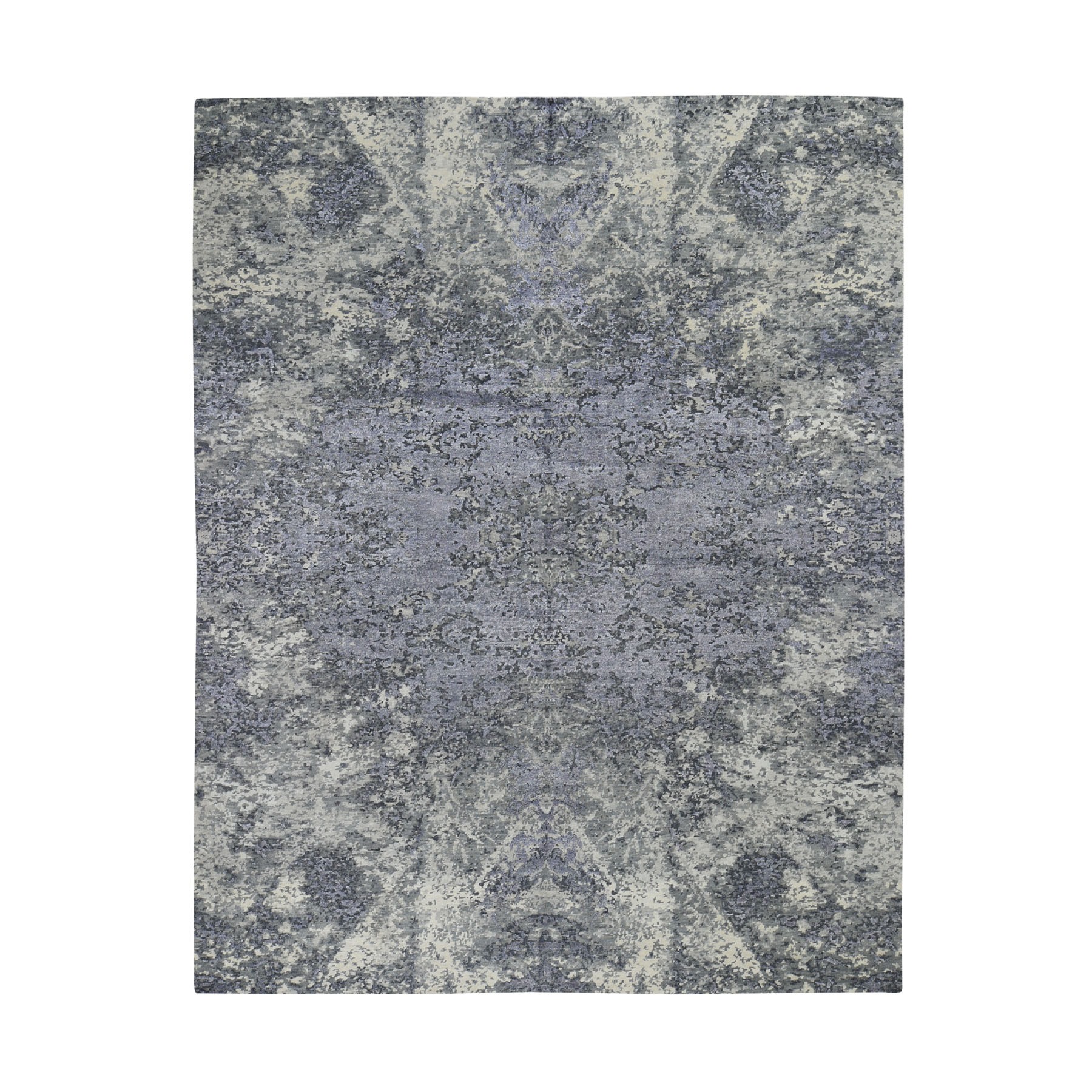 8'x9'9" Wool And Silk Abstract Tone-On-Tone Gray Hand Woven Oriental Rug 