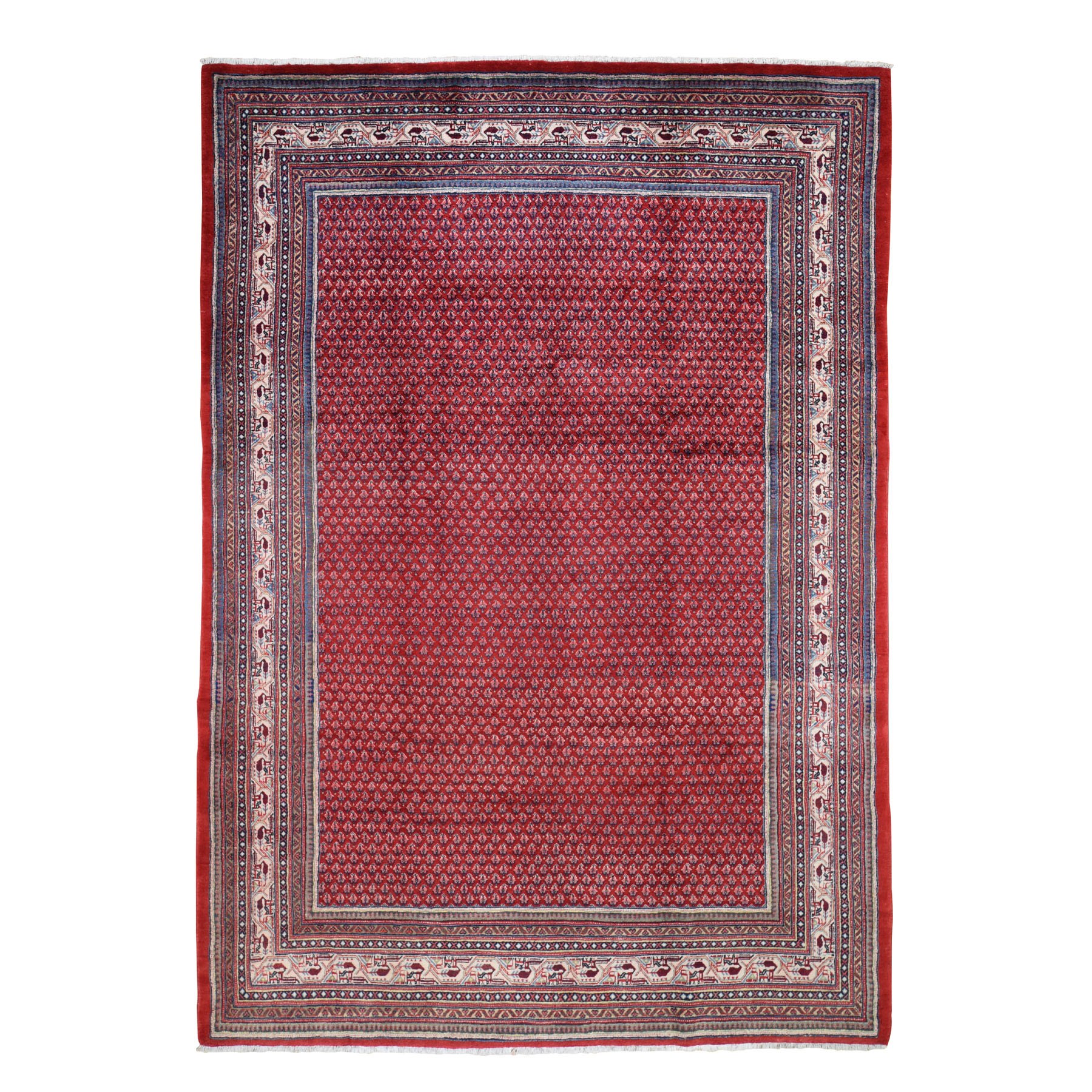 7'1"x10'8" Red New Persian Sarouk Mir With Repetitive Design Pure Wool Oriental Rug 