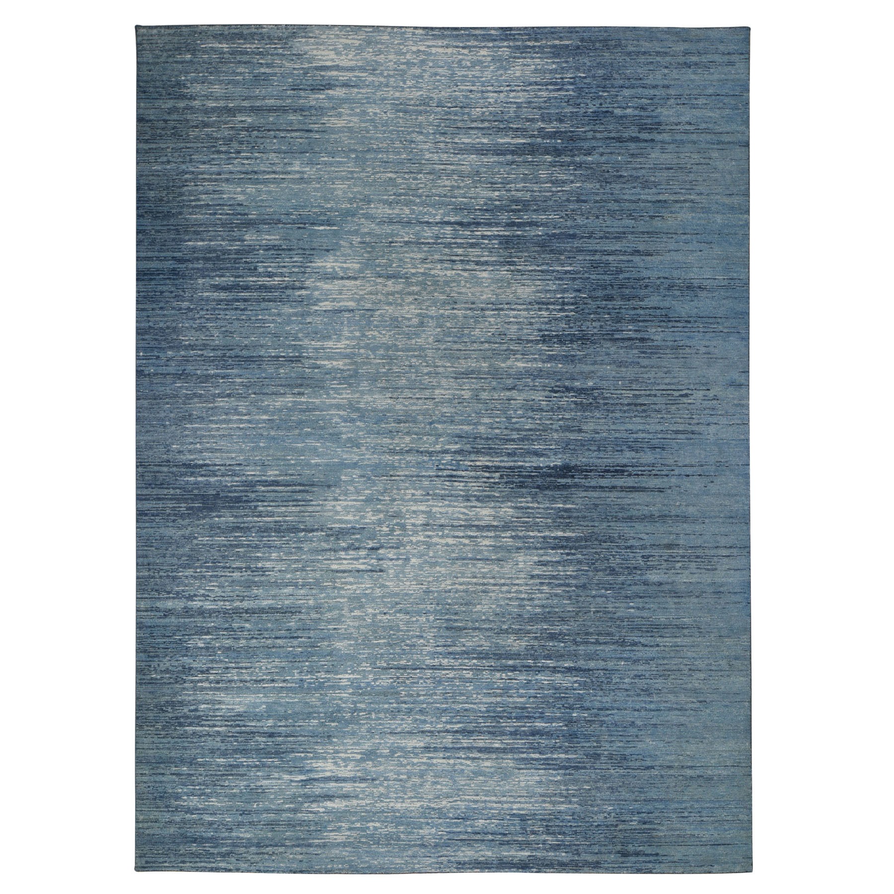 9'x12'1" Zero Pile Pure Wool Blue Oceanic Horizontal Ombre Design Hand Woven Oriental Rug 