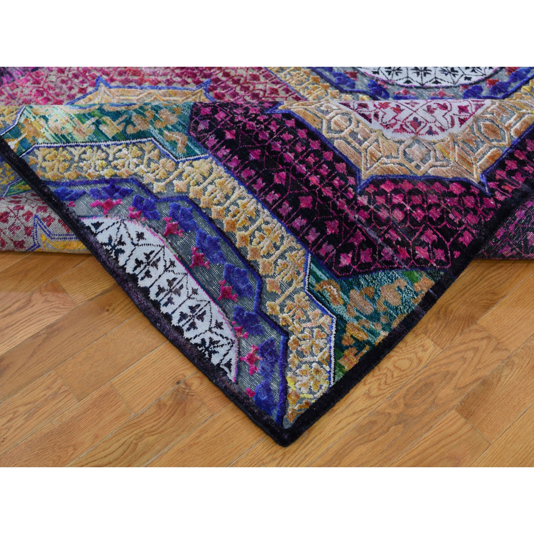 8'1"x10'6" Colorful Mamluk Design Sari Silk With Textured Wool Hand Woven Oriental Rug 