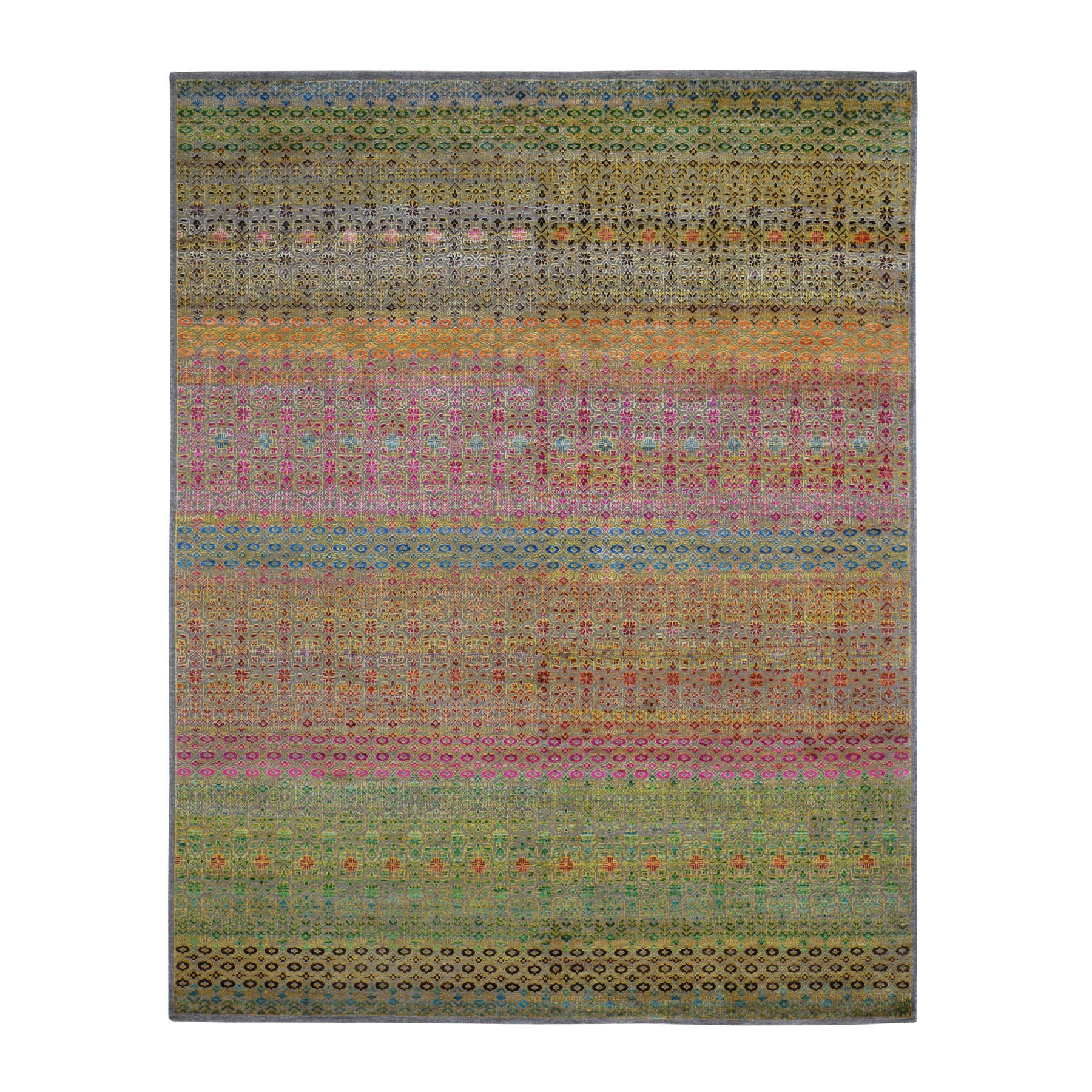 8'x10' Colorful Grass Design Sari Silk Textured Wool Modern Hand Woven Oriental Rug 