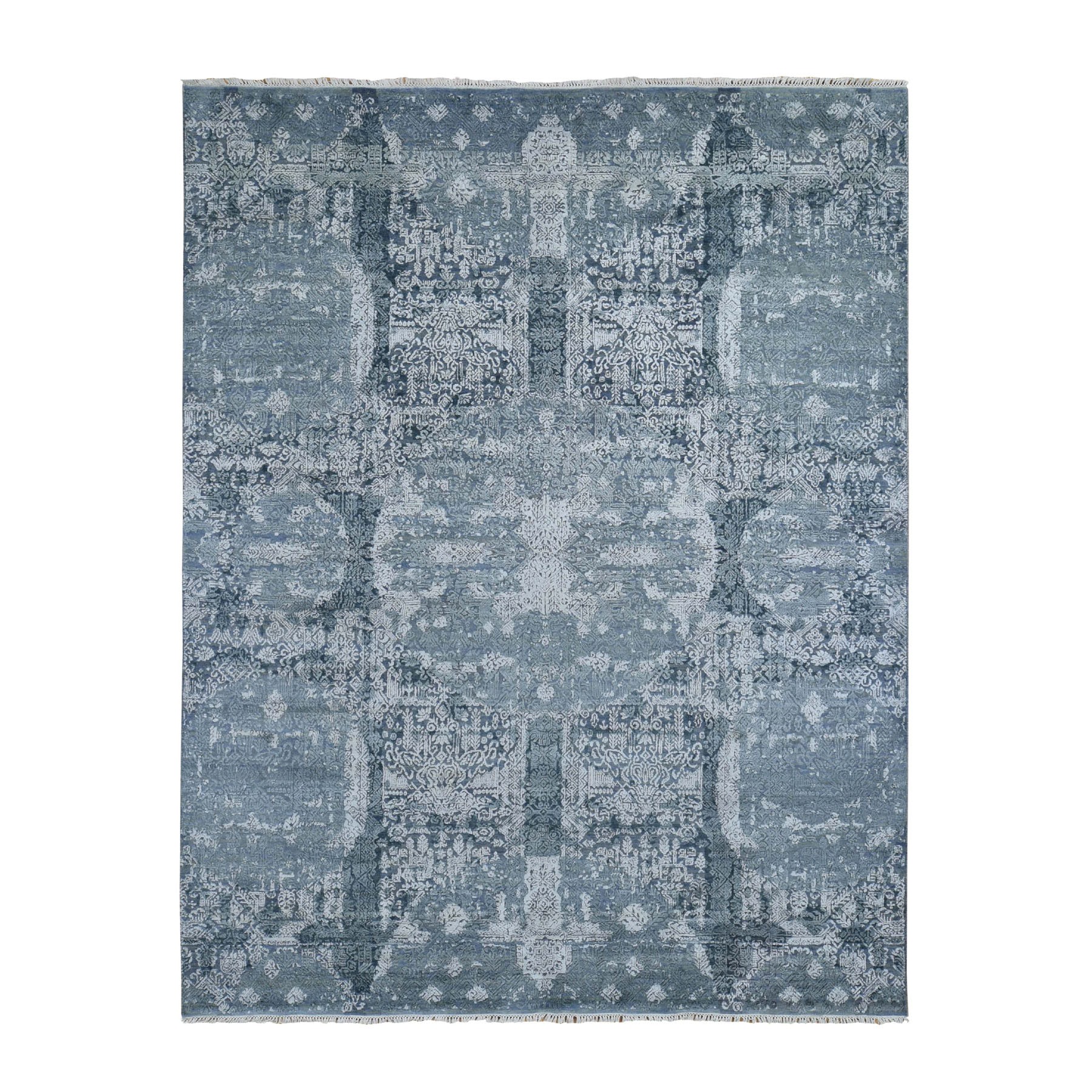 7'10"x10' Gray Wool And Pure Silk Jewellery Design Hand Woven Oriental Rug 