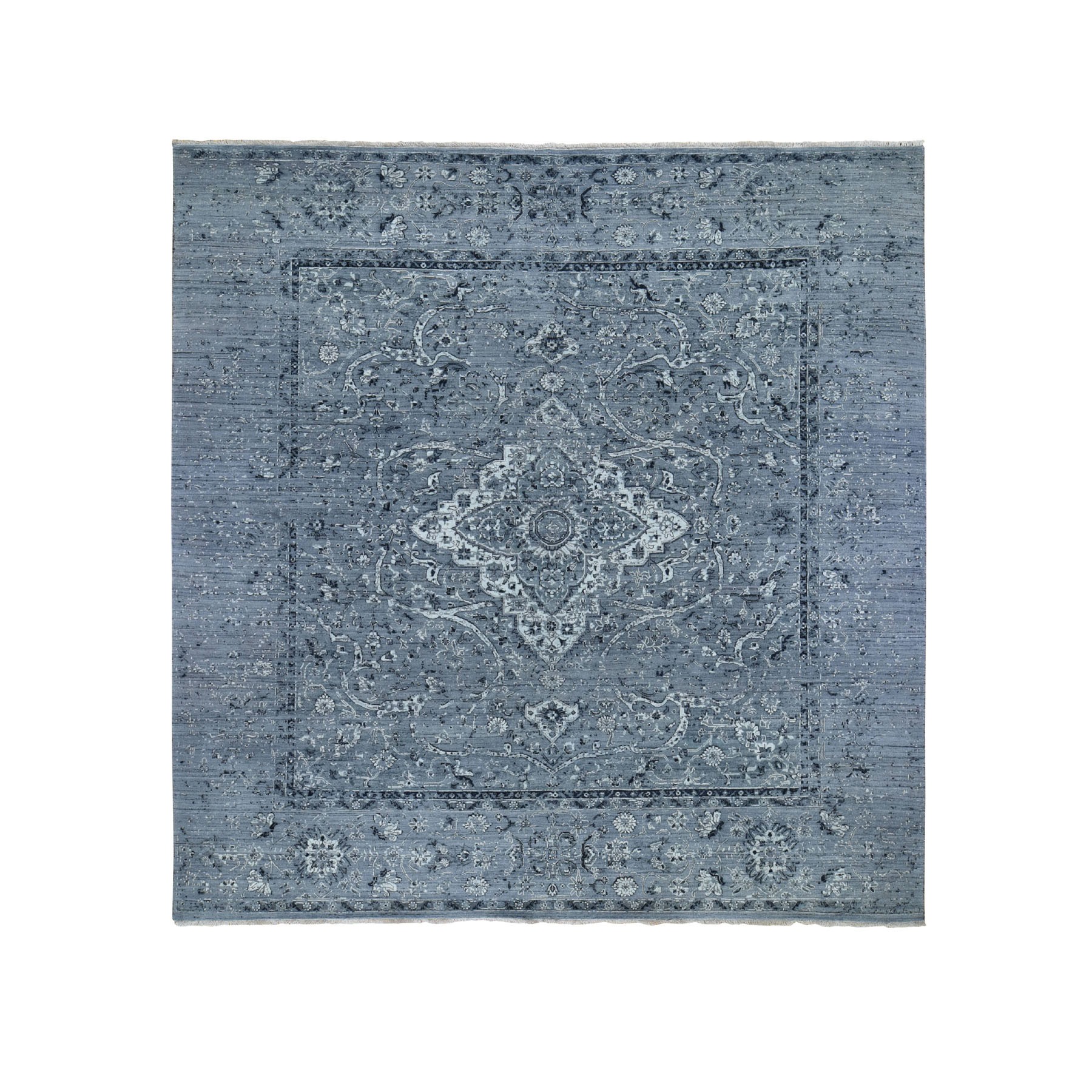10'x10' Square Gray Broken Persian Erased Design Pure Silk With Textured Wool Hand Woven Oriental Rug 
