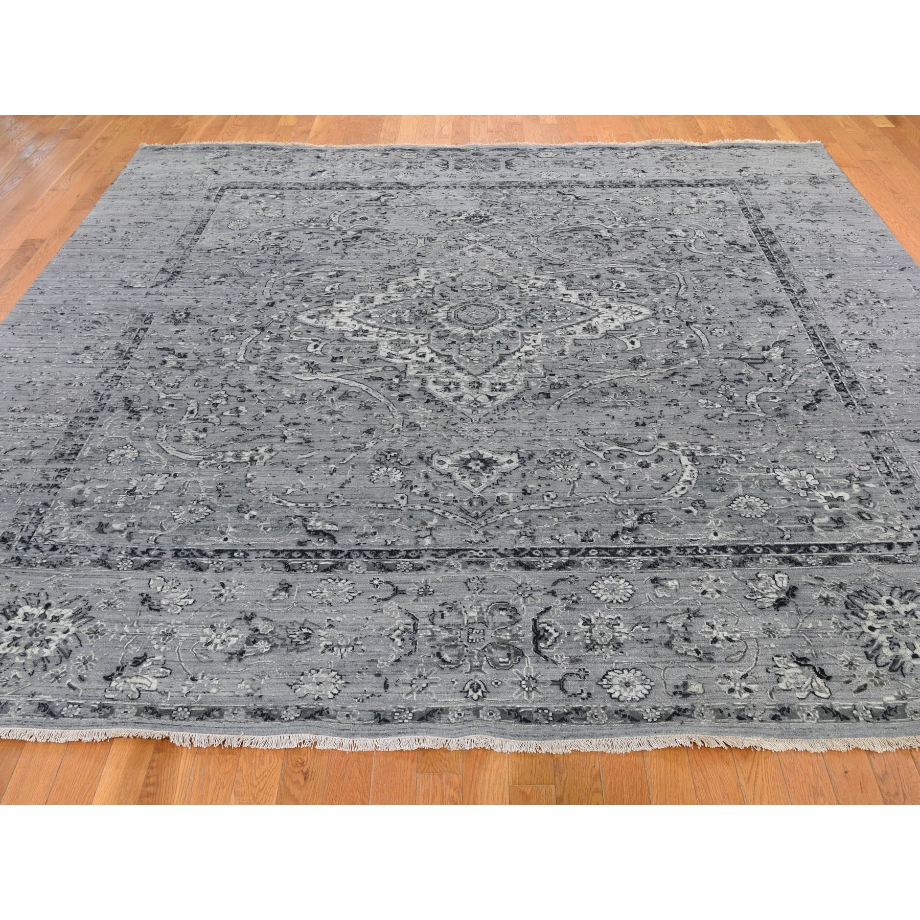 10'x10' Square Gray Broken Persian Erased Design Pure Silk With Textured Wool Hand Woven Oriental Rug 