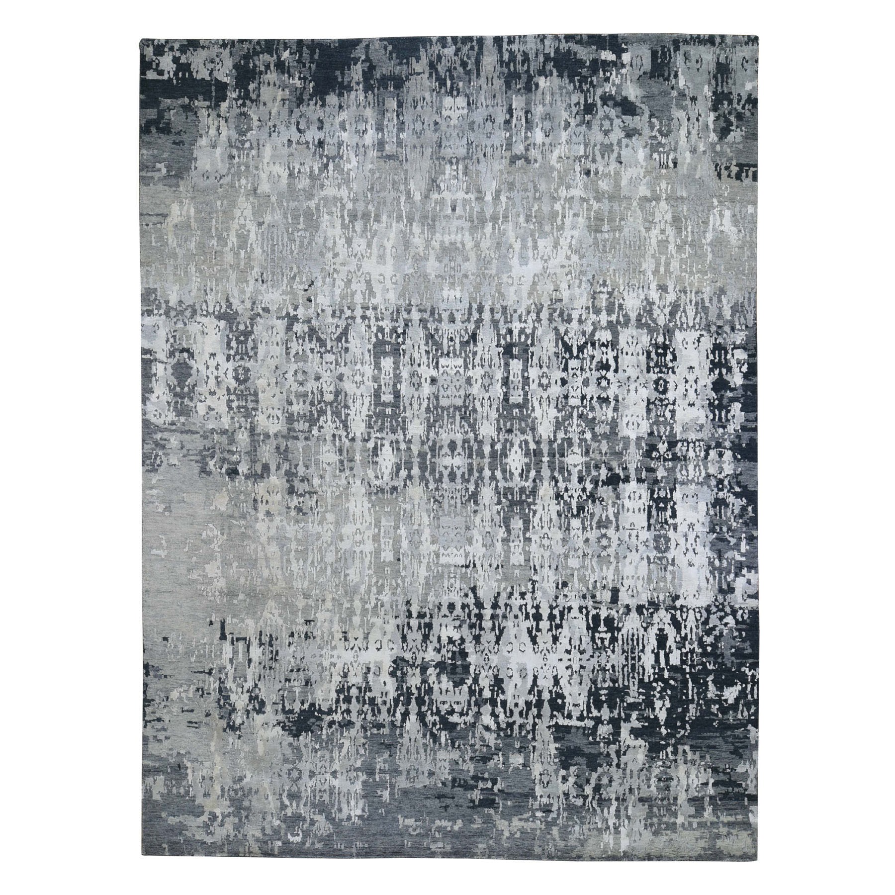 8'10"x11'8" Silver Abstract Design Wool and Silk Hi-Low Pile Hand Woven Oriental Rug 