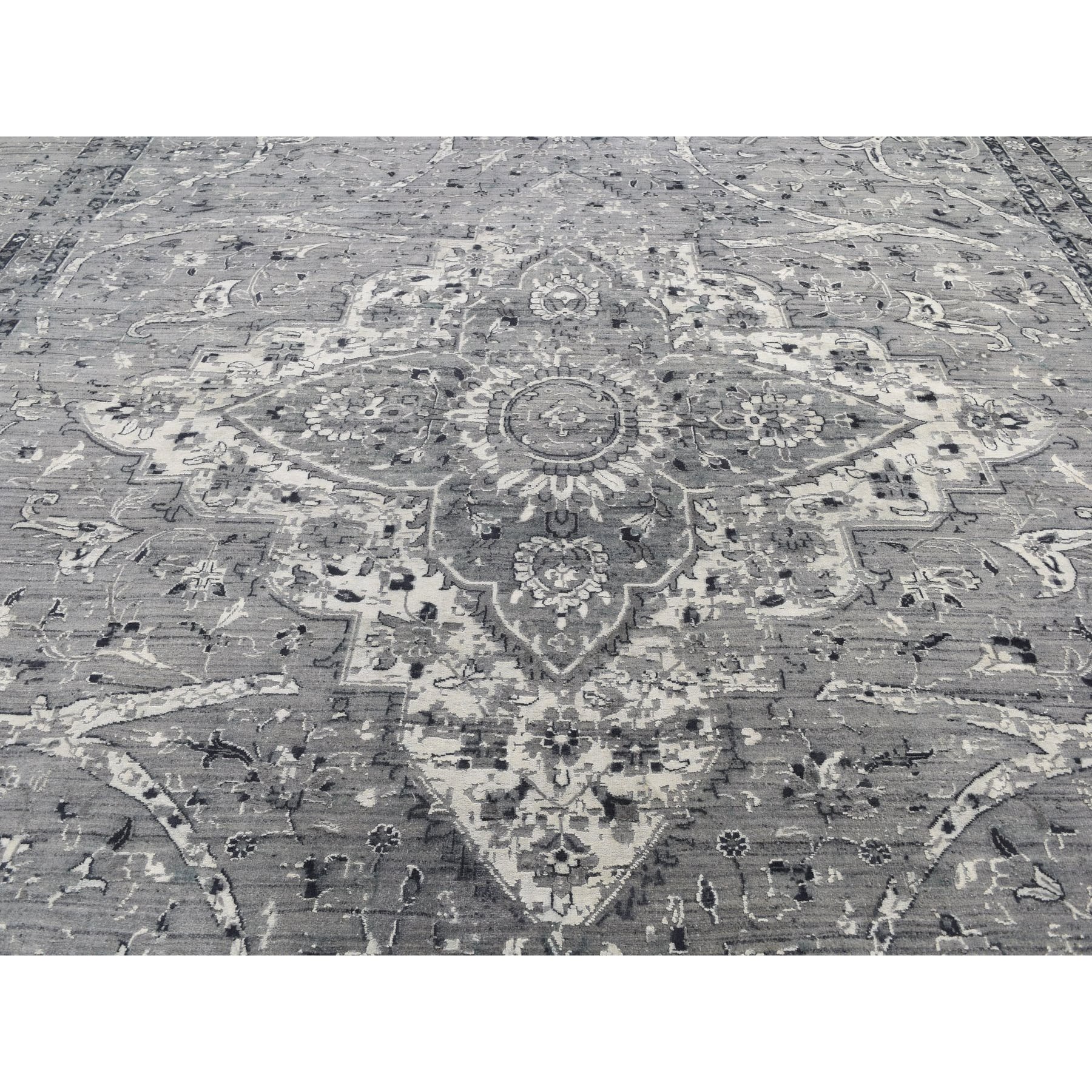 12'1"x17'8" Gray Oversized Broken Persian Erased Design Silk With Textured Wool Hand Woven Oriental Rug 