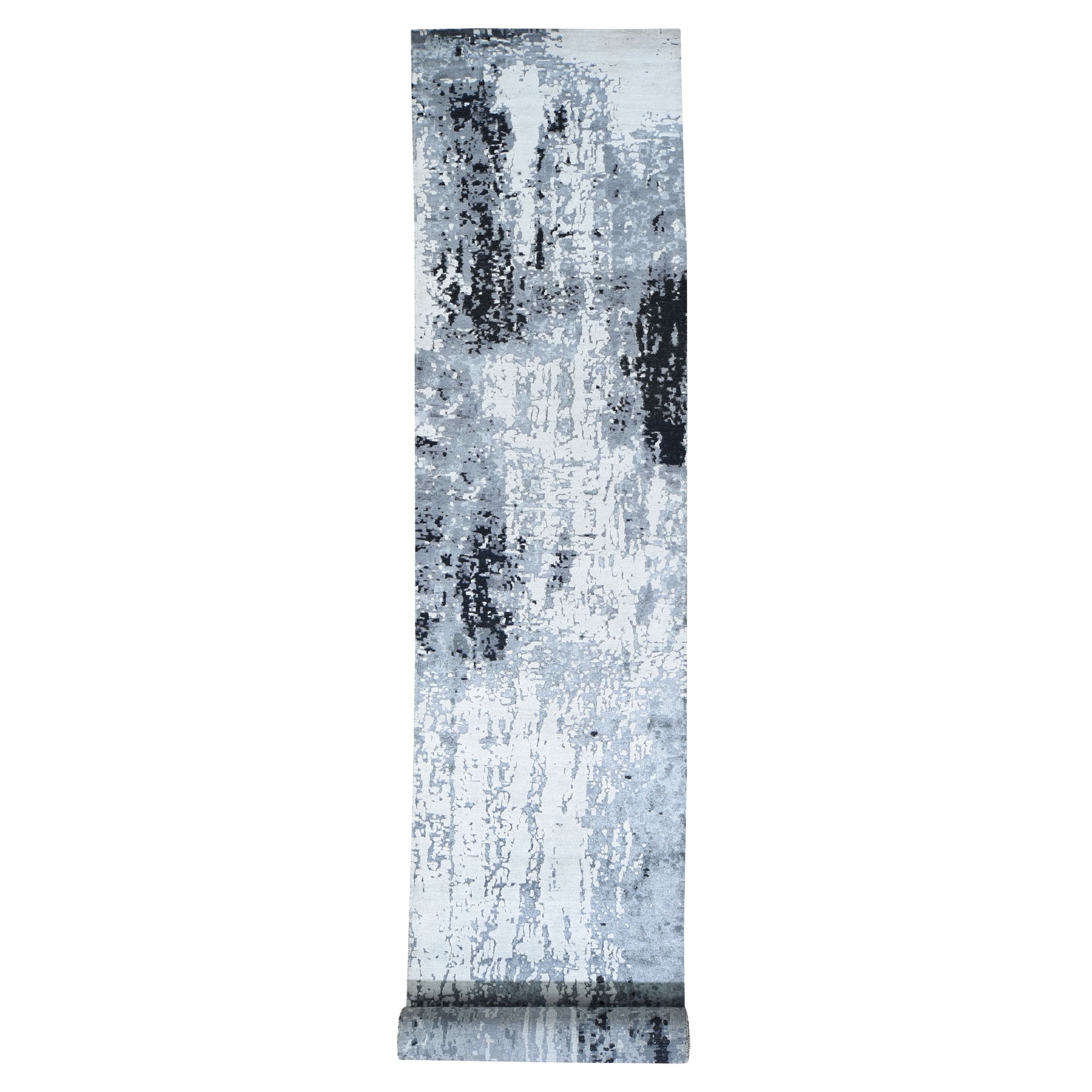 3'x19'3" Ivory With A Mix Of Black Abstract Design Wool and Silk XL Runner Hand Woven Oriental Rug 