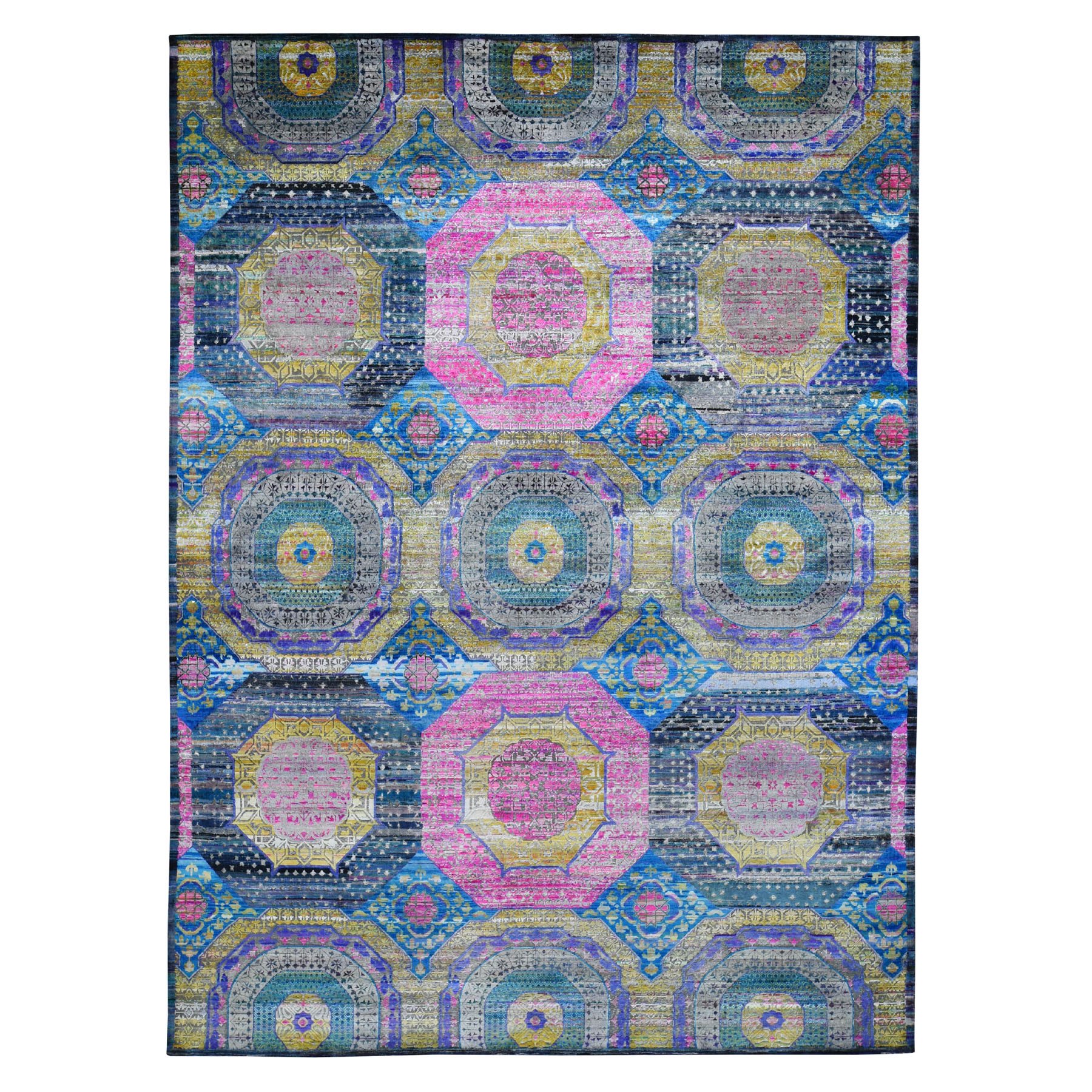 9'1"x12'5" Colorful Mamluk Design Sari Silk With Textured Wool Hand Woven Oriental Rug 