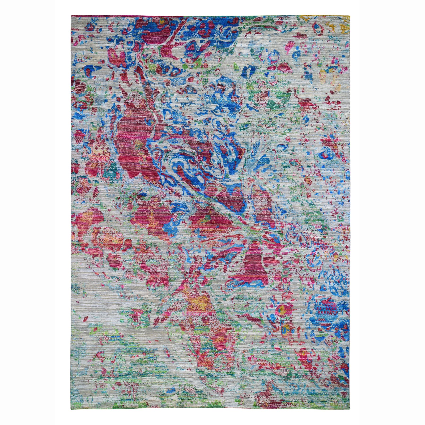 8'10"x12'2" Colorful Abstract Design Sari Silk With Textured Wool Hand Woven Oriental Rug 