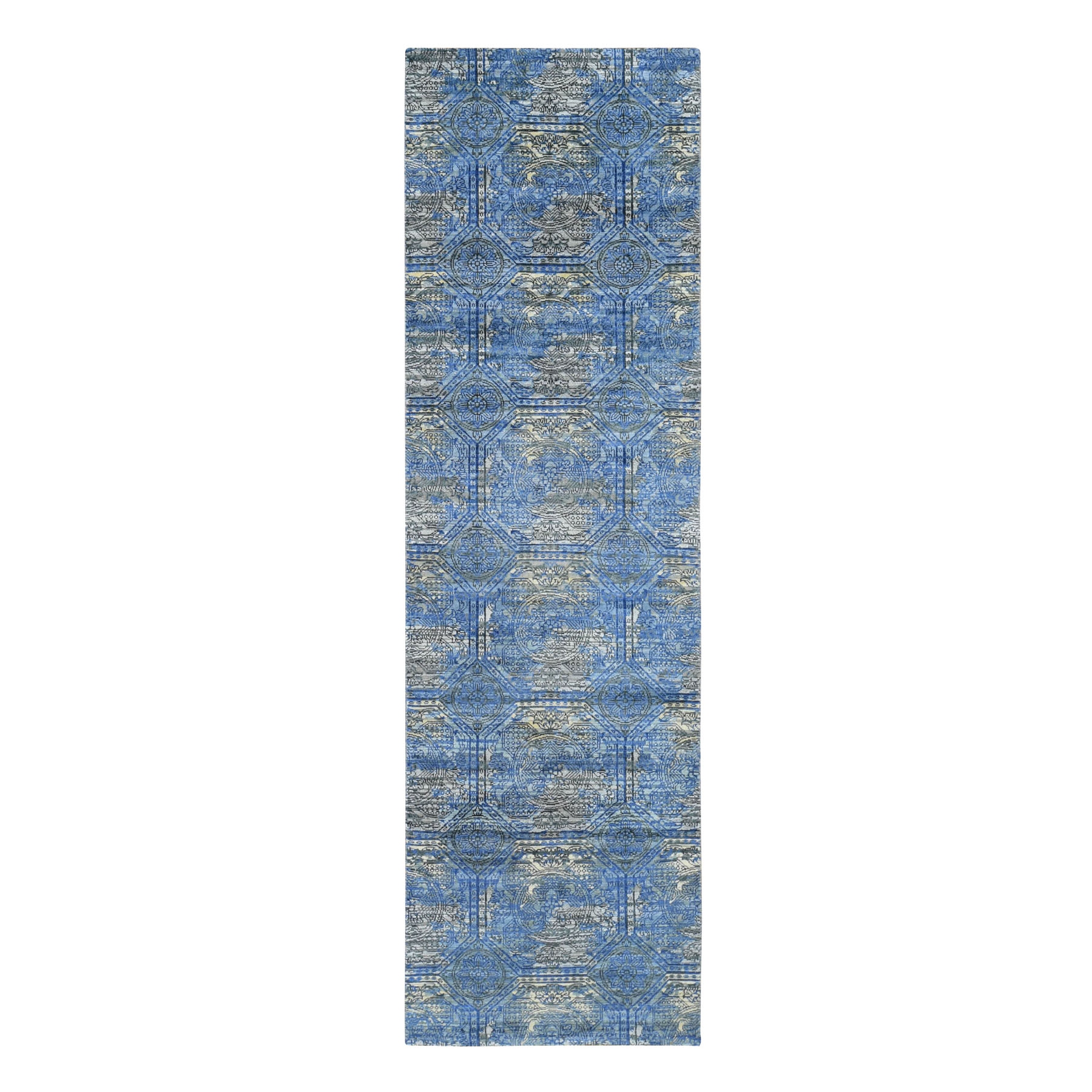 2'8"x9'1" Blue Silk With Textured Wool Rossets Design Runner Hand Woven Oriental Rug 