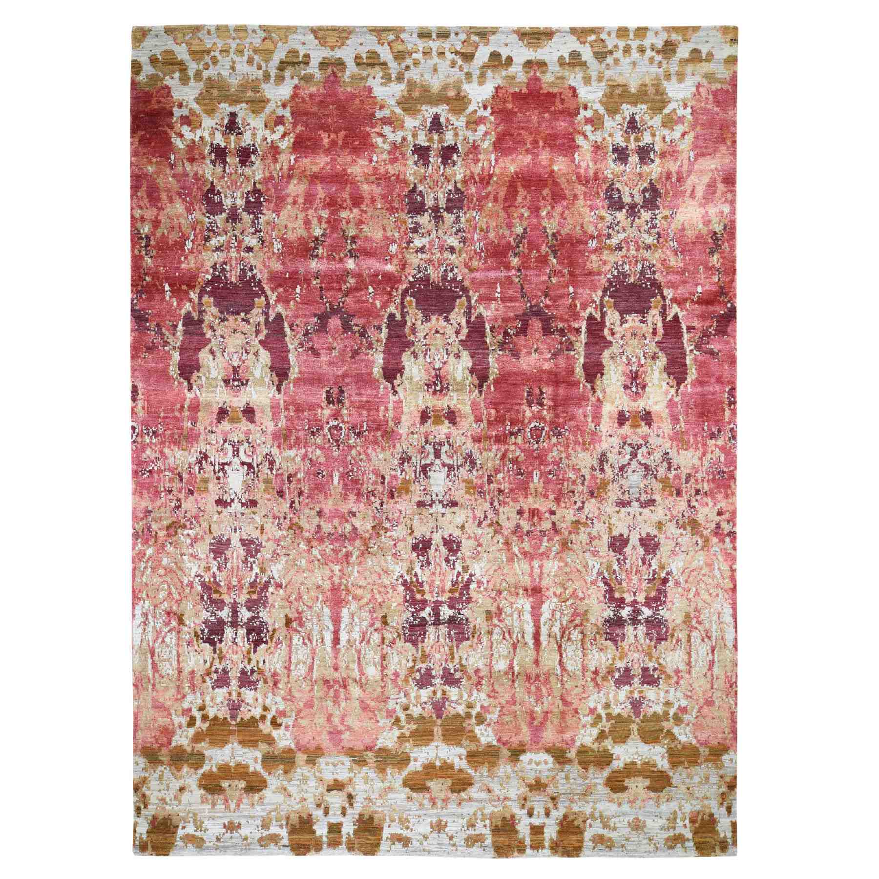 9'x12'3" Cranberry Abstract Design Wool And Silk Hand Woven Oriental Rug 