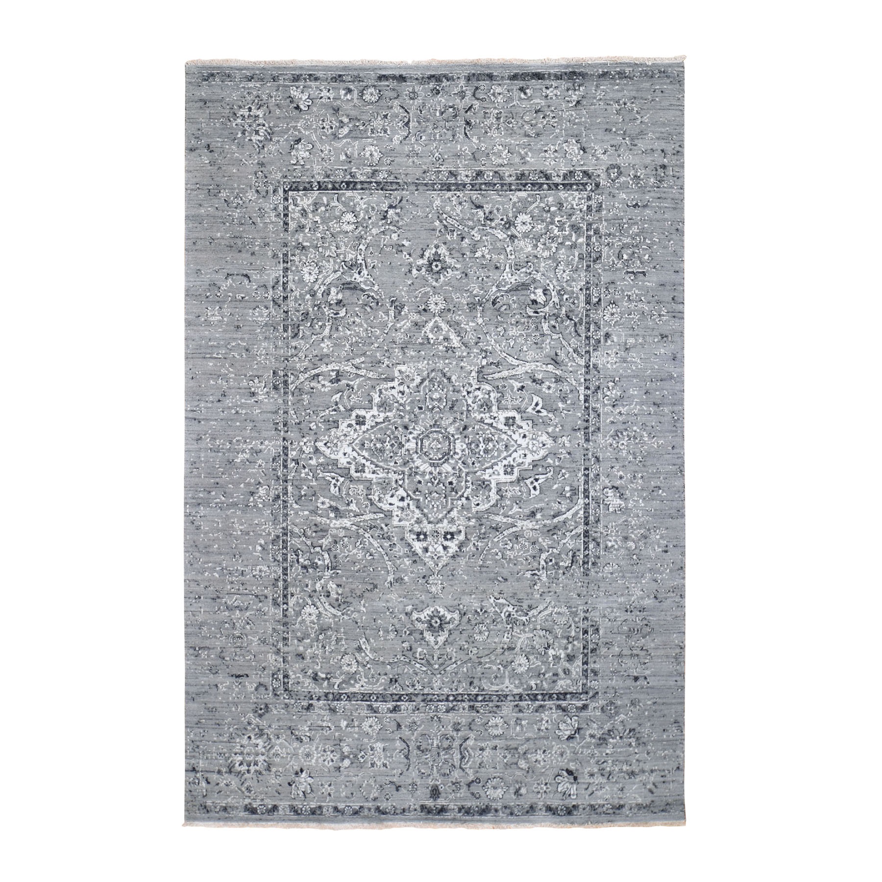 6'x9' Gray Broken Persian Erased Design Silk With Textured Wool Hand Woven Oriental Rug 