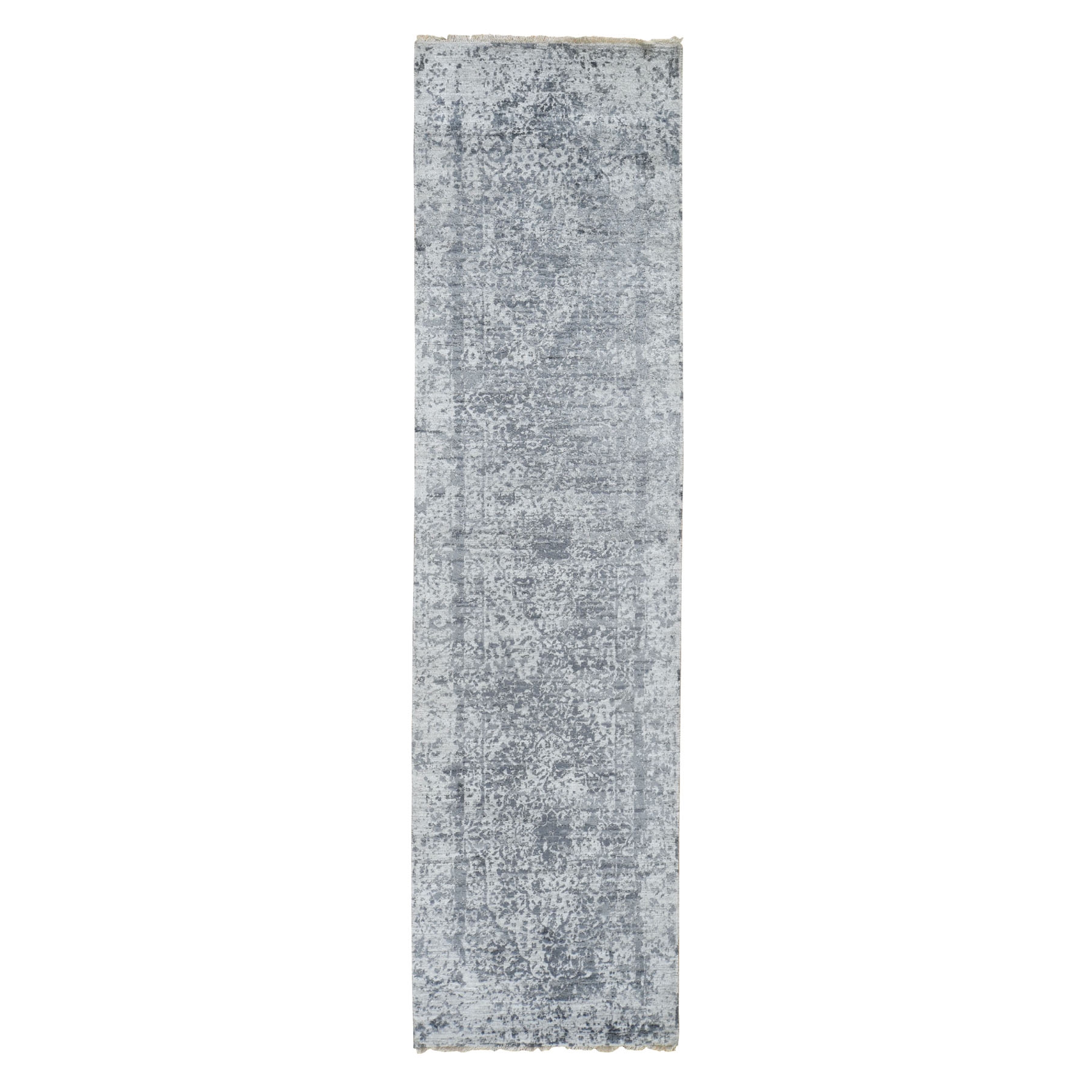 2'8"x10' Silver-Dark Gray Erased Persian Design Runner Wool and Pure Silk Hand Woven Oriental Rug 