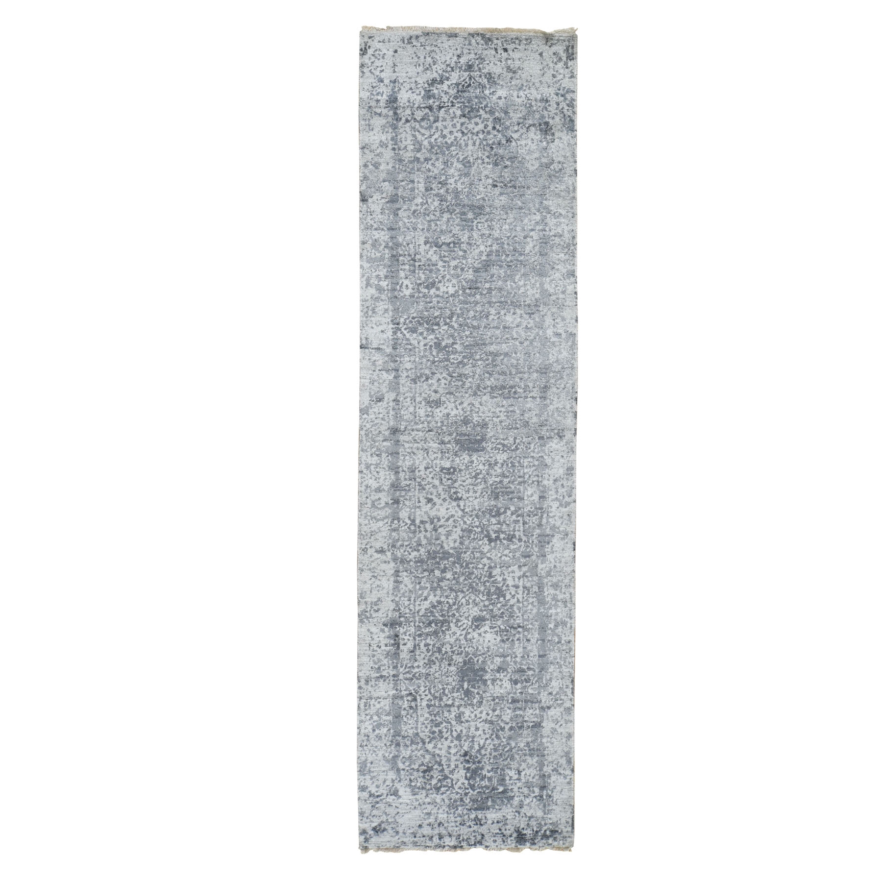 2'8"x10' Silver-Dark Gray Erased Persian Design Runner Wool and Pure Silk Hand Woven Oriental Rug 