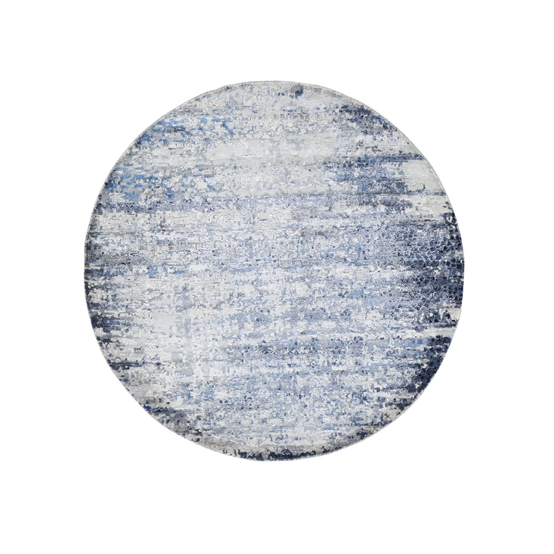 6'x6' Round Broken Blue Mosaic Design Wool And Silk Hand Woven Oriental Rug 